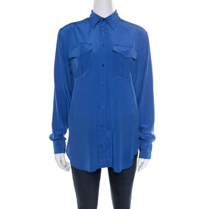 Pre Owned Ralph Lauren Ocean Blue Silk Button Front Safari Shirt M