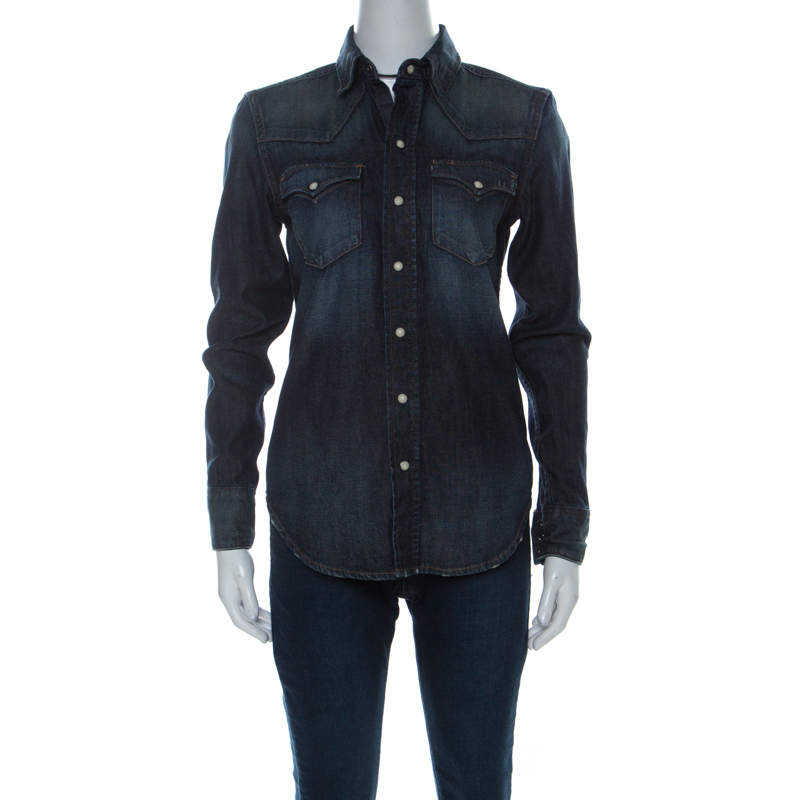 Pre Owned Ralph Lauren Blue Medium Wash Denim Vintage Finish Snap Button Shirt S