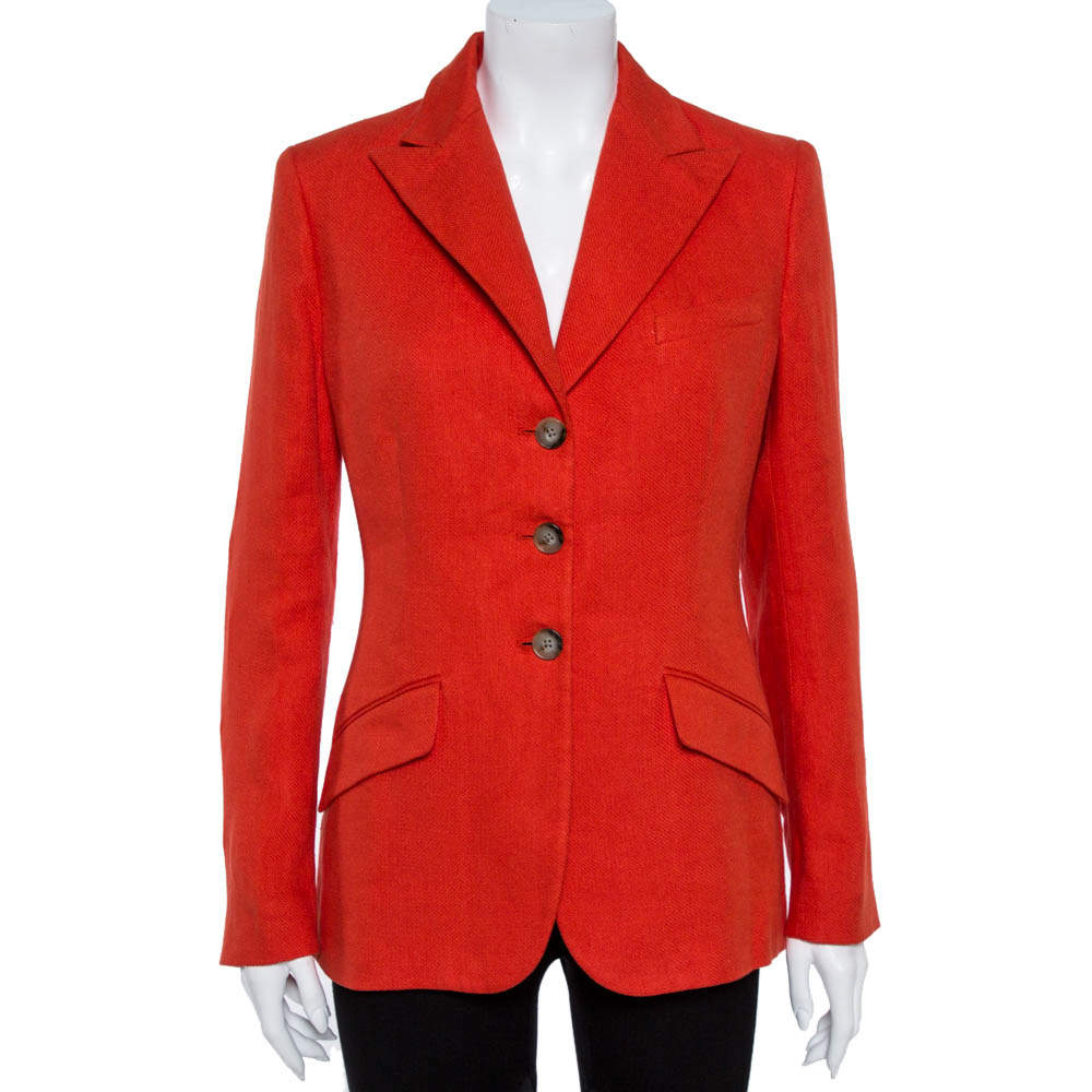 Pre Owned جاكيت بليزر رالف لورين كتان برتقالي تويد مقاس كبير - لارج