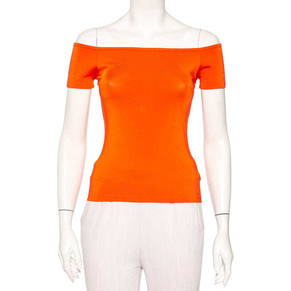 Pre Owned Ralph Lauren Orange Knit Off Shoulder Top XS
