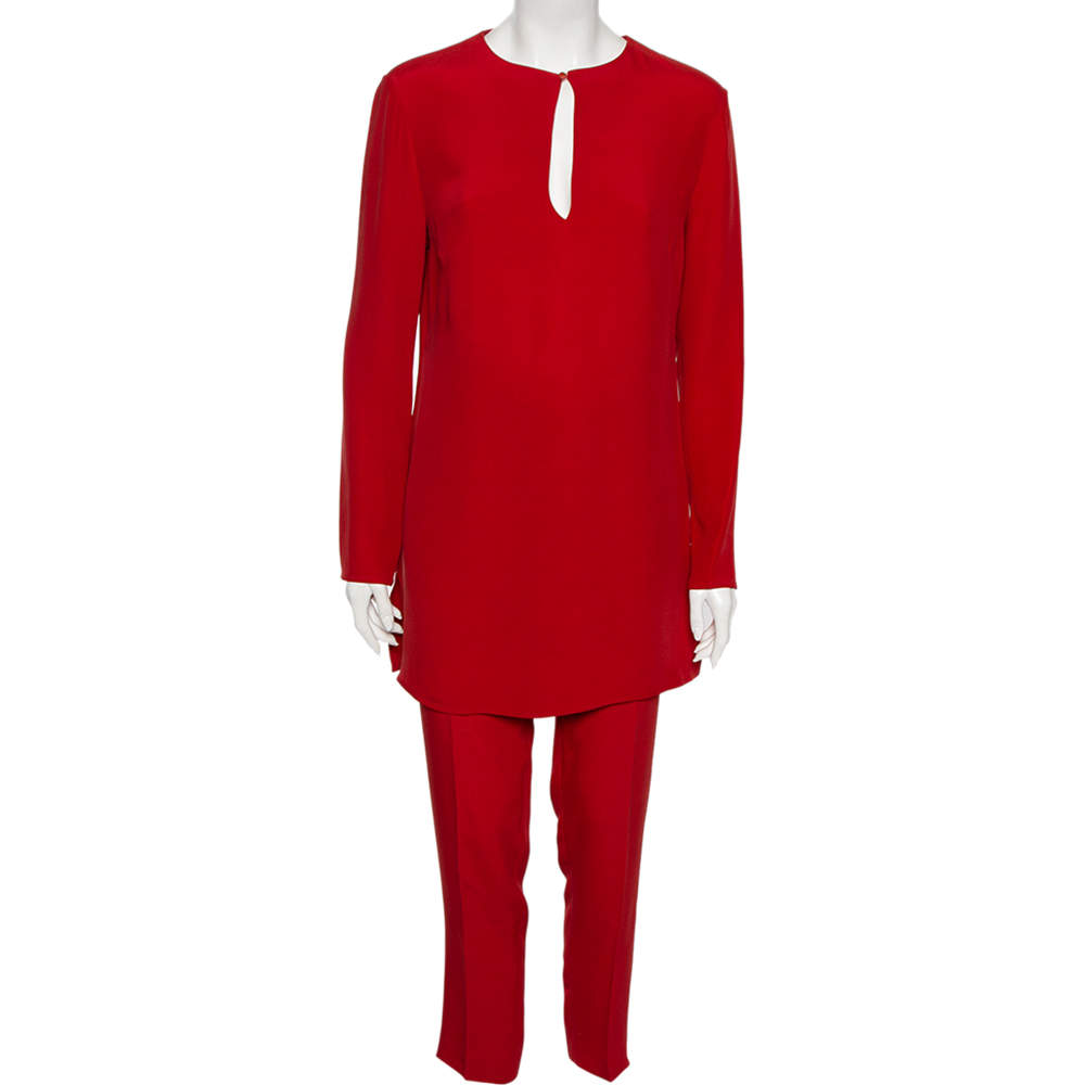 Pre Owned Ralph Lauren Red Crepe Long Sleeve Blouse & Pant M