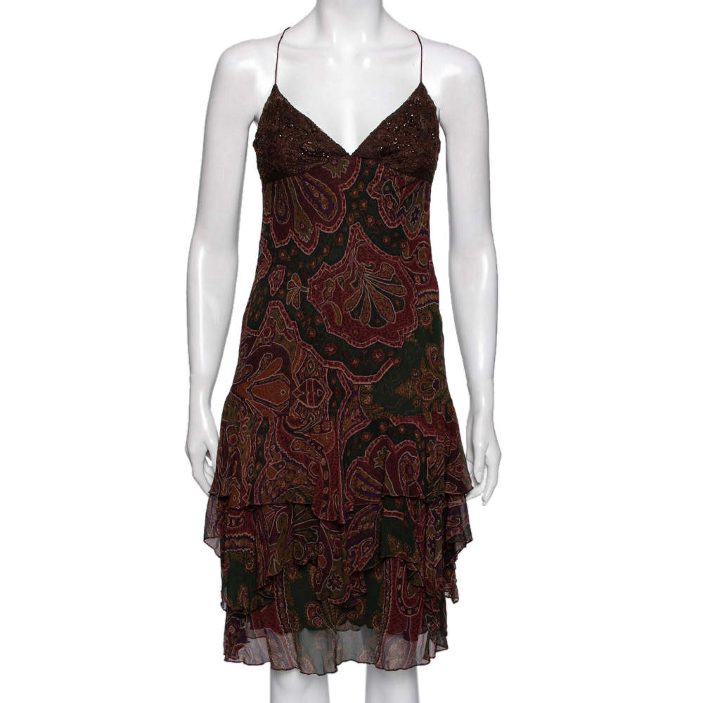 Pre Owned Ralph Lauren Multicolor Floral Print Silk Ruffled Dress M