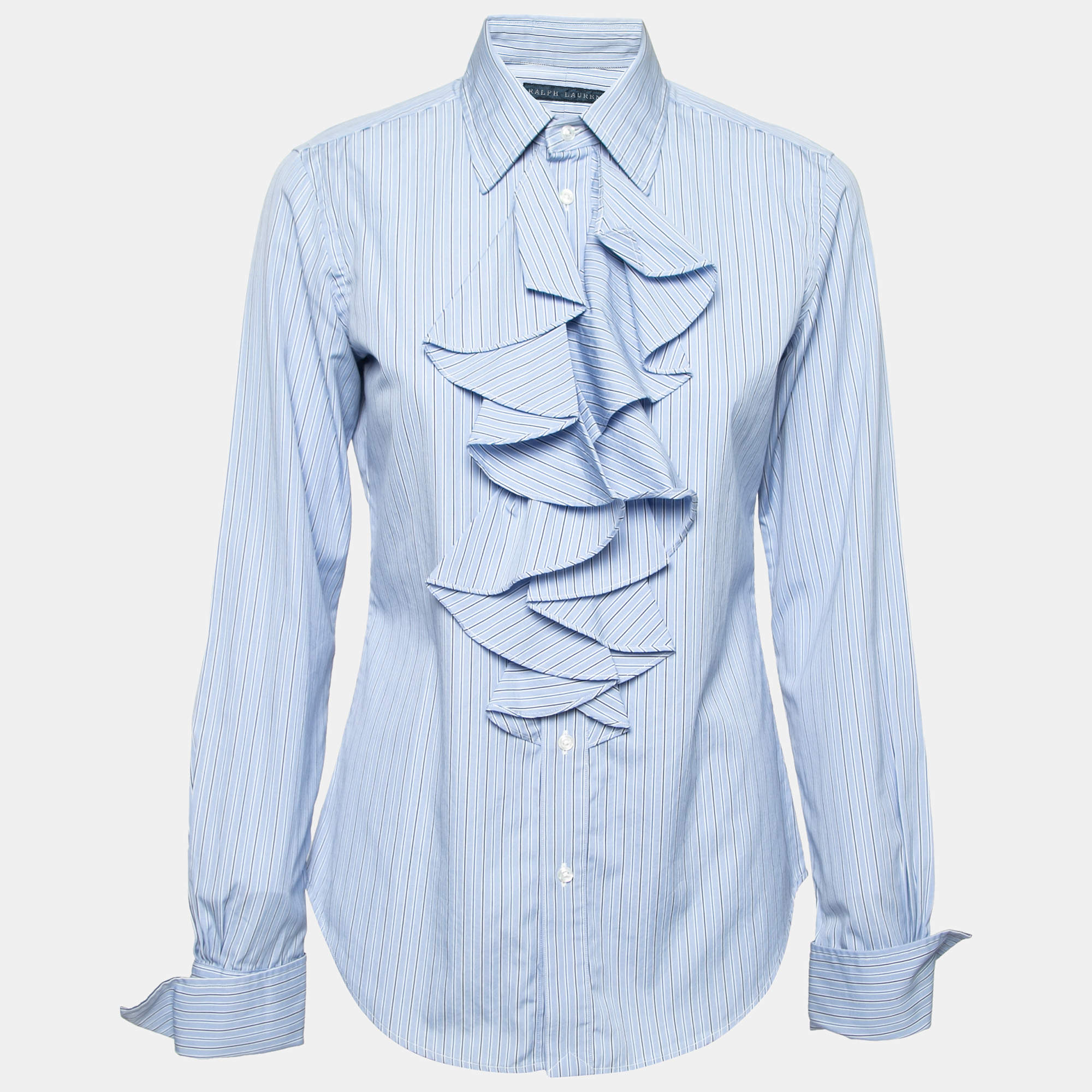 Ralph Lauren Blue Striped Cotton Ruffle Trimmed Button Front