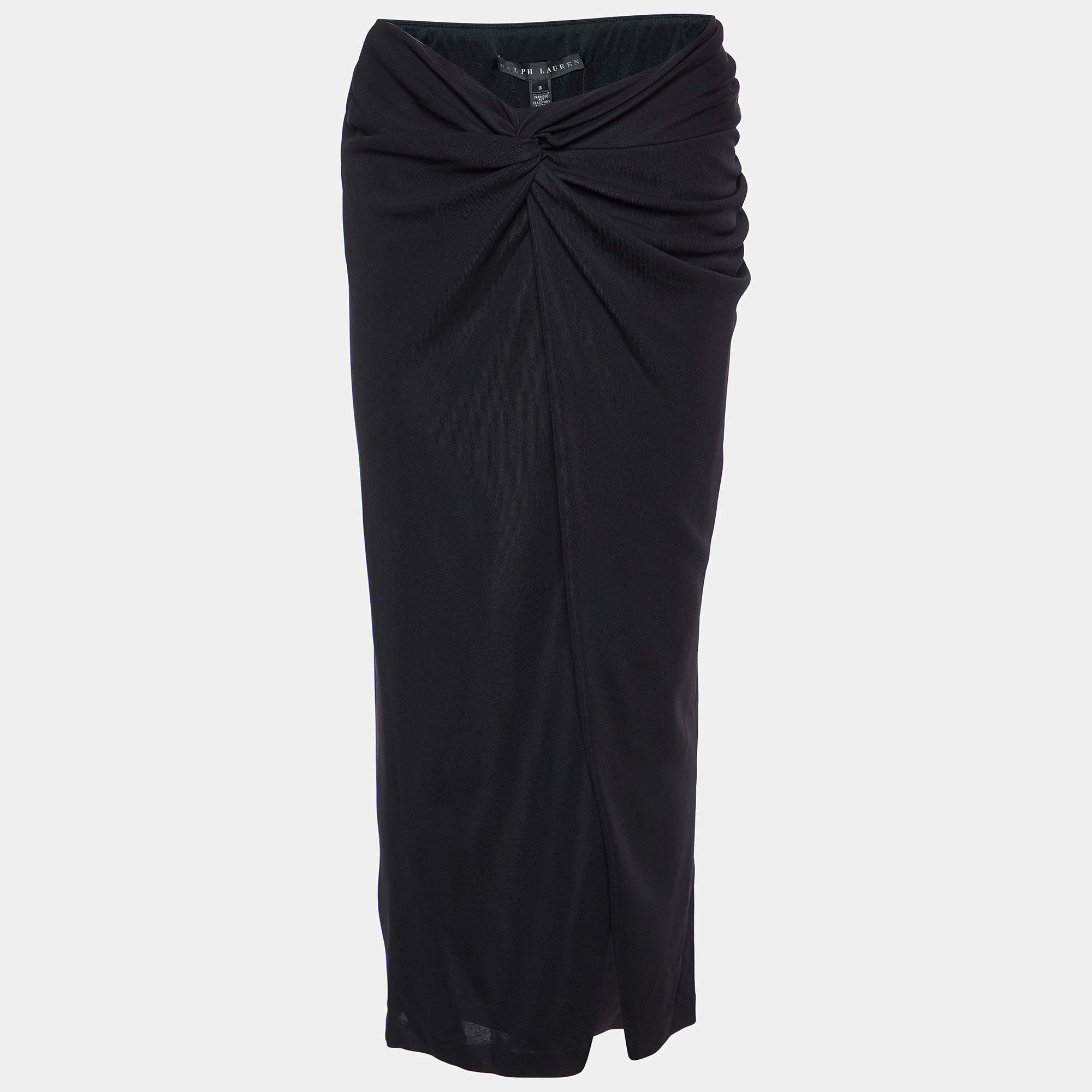 Pre Owned Ralph Lauren Black Jersey Draped Midi Skirt M