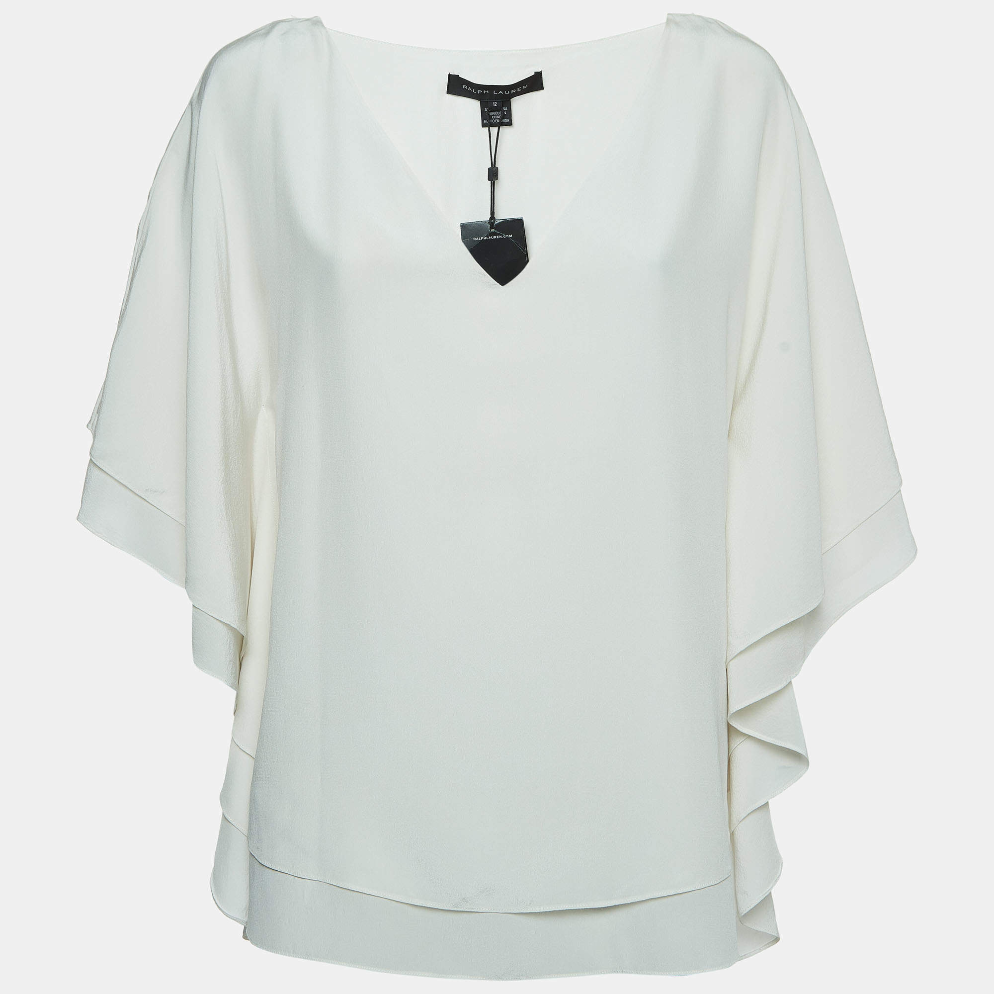 Pre Owned Ralph Lauren White Silk Ruffled Blouse L