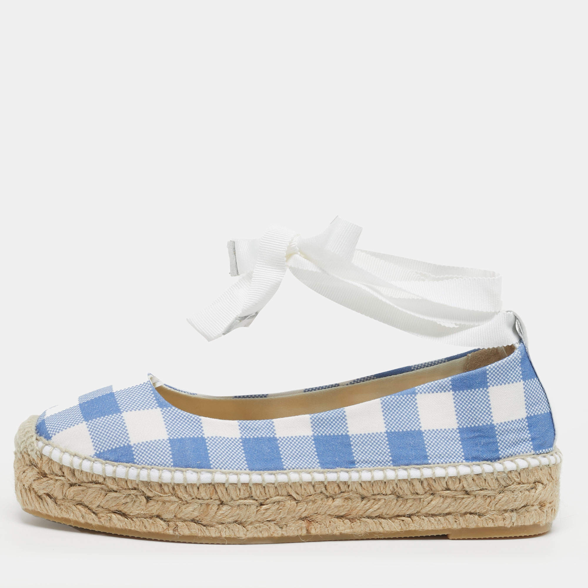 مملوكة مسبقًا حذاء فلات إسبادريل بولو رالف لورين قماش أزرق/أبيض مقاس 36.5 gingham