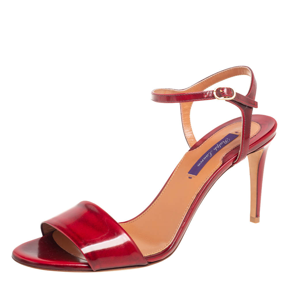 Pre Owned Ralph Lauren Red Patent Leather Open Toe Ankle Strap Sandals Size 40