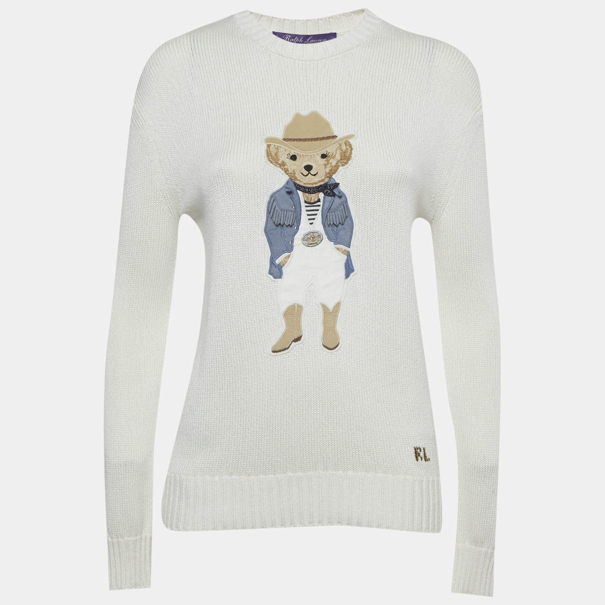 Pre Owned Polo Ralph Lauren Ivory Suede Teddy Applique Knit Sweater XS