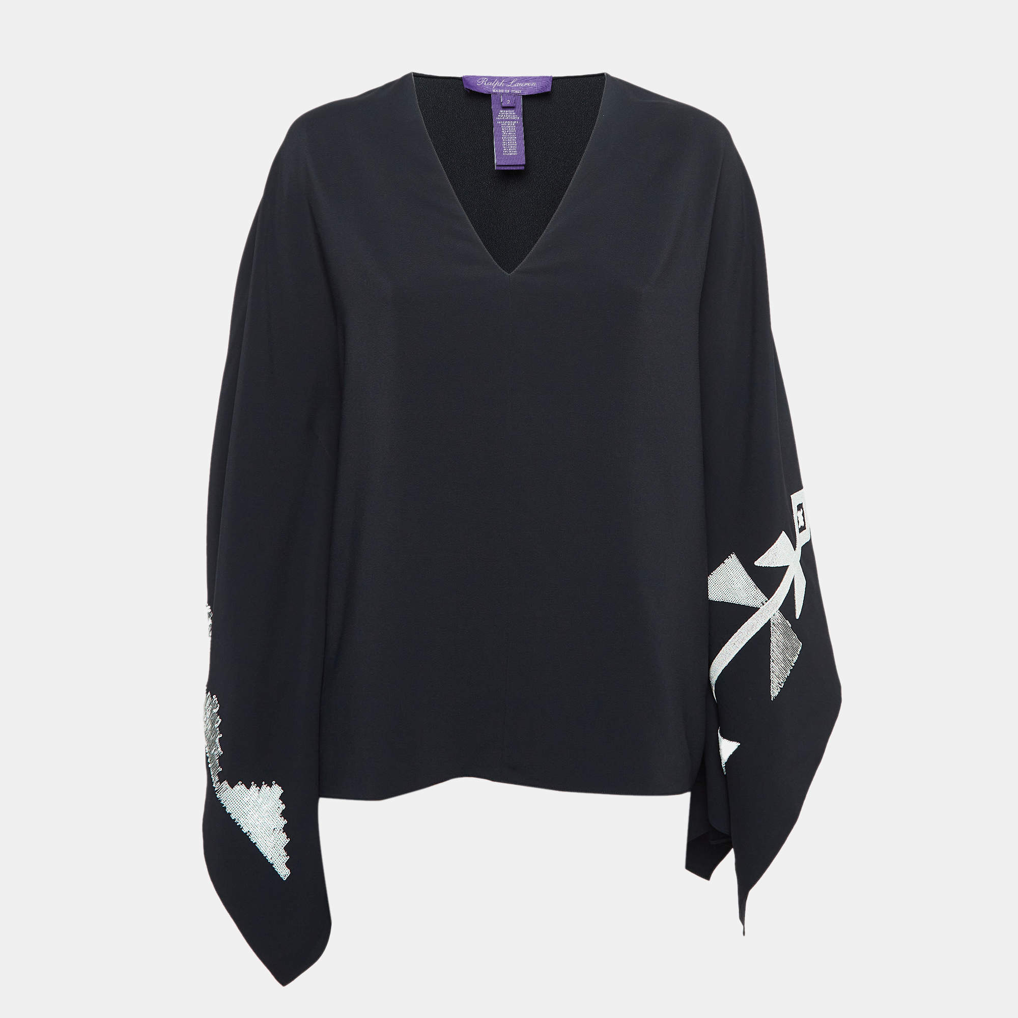 Pre Owned Ralph Lauren Purple Label Black Embroidered Crepe Cape Blouse S