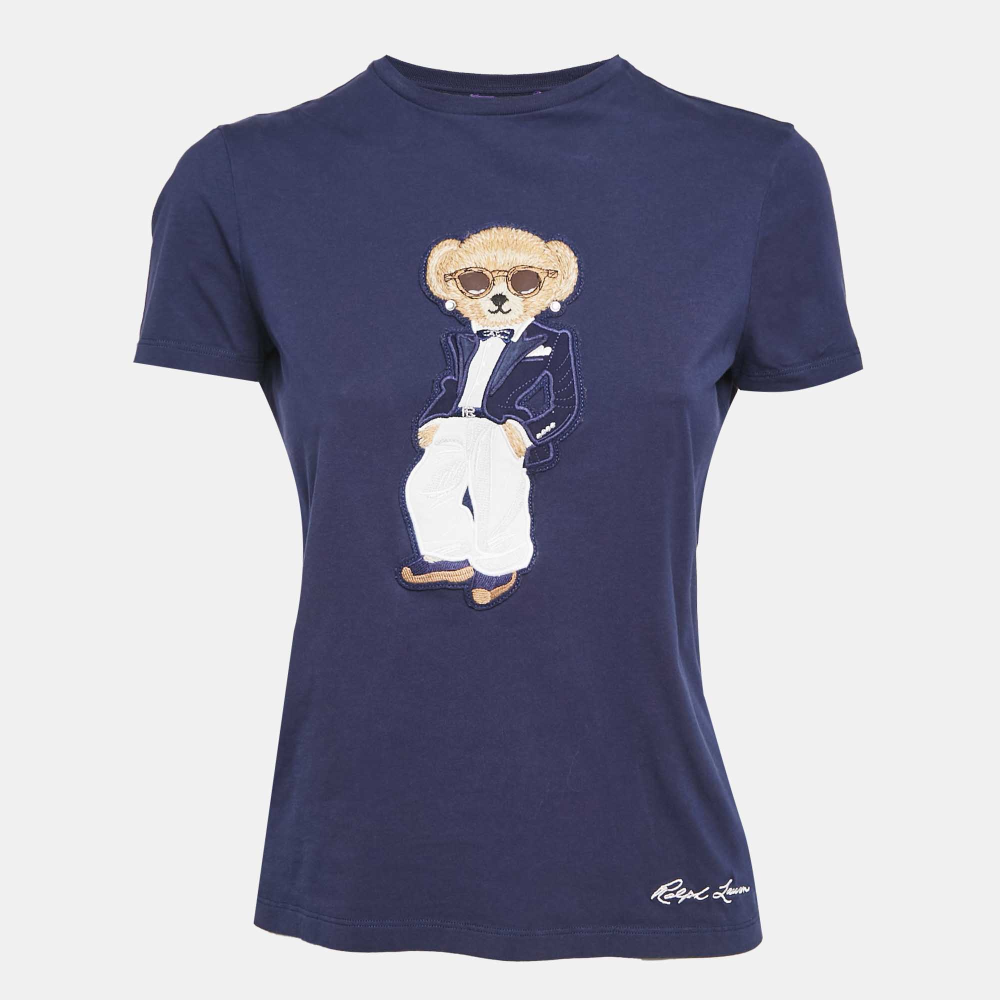 Pre Owned Ralph Lauren Purple Label Navy Blue Teddy Applique Crew Neck T-Shirt S