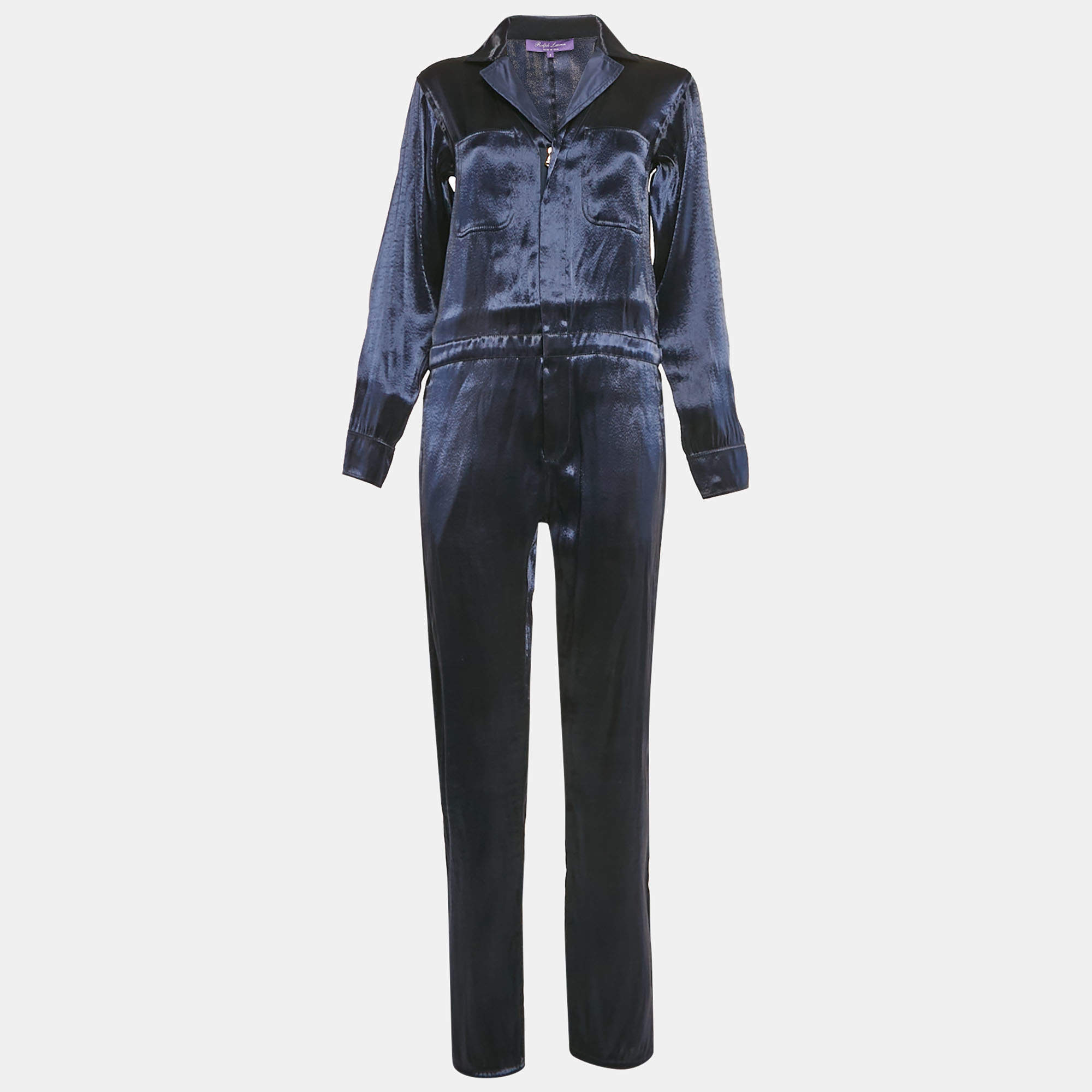 Pre Owned Ralph Lauren Purple Label Navy Blue Silk Lurex Long Sleeve Jumpsuit M