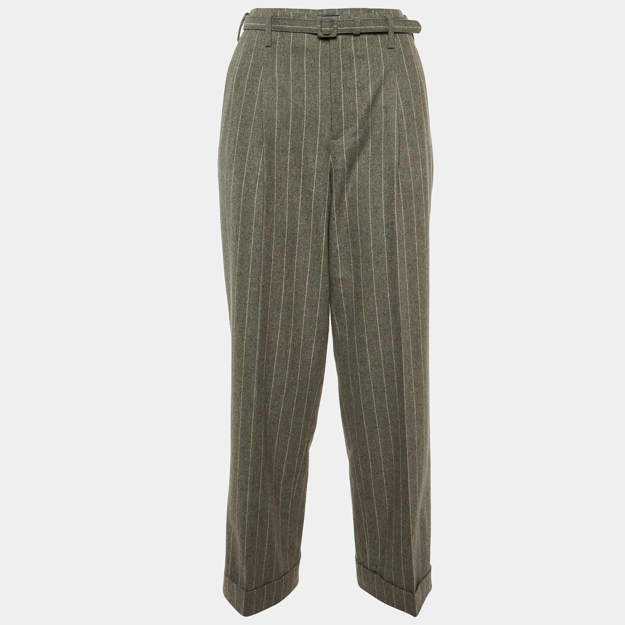 Ralph Lauren Grey Striped Wool Belted Formal Trousers S