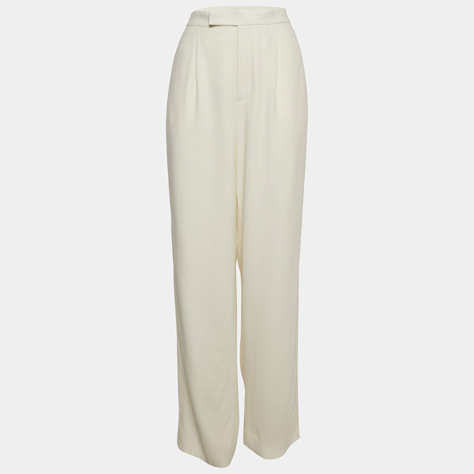 Pre Owned Ralph Lauren Purple Label Off-White Crepe Contrast Trim Straight Leg Trousers M