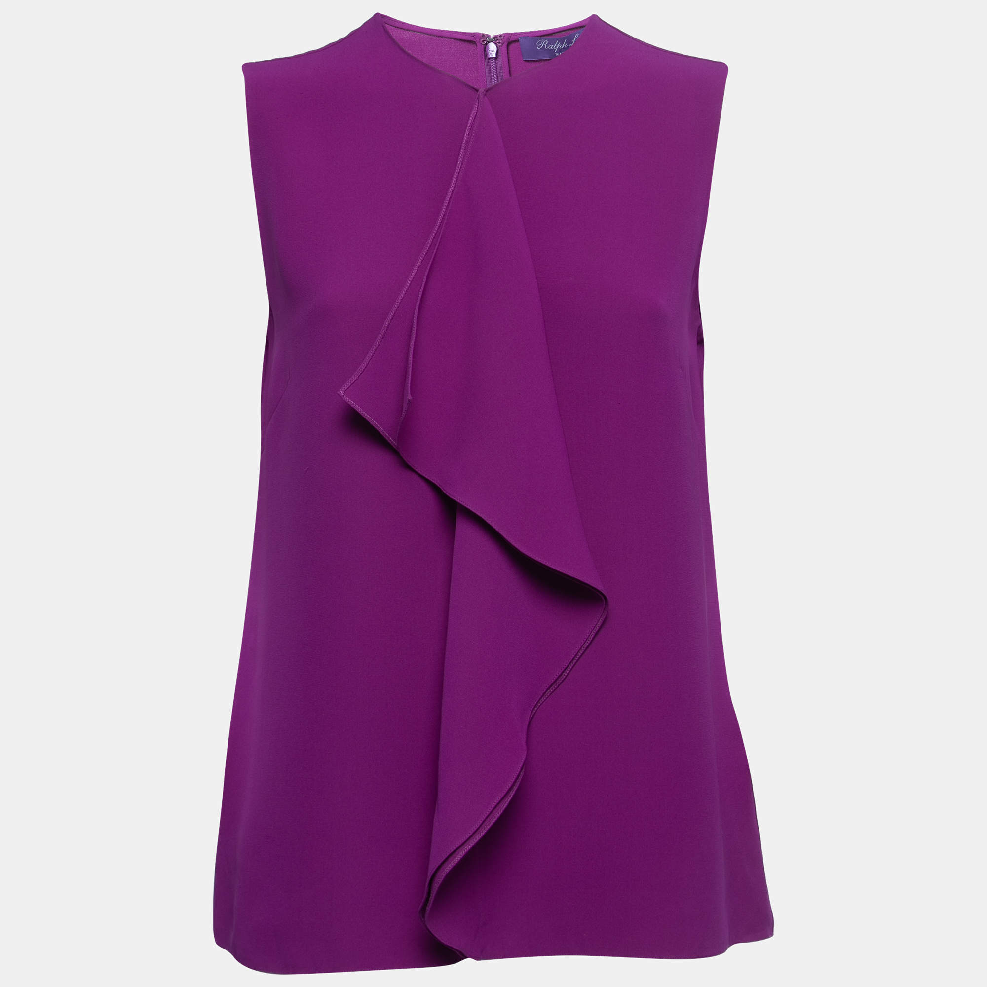 Pre Owned Ralph Lauren Purple Label Purple Silk Sleeveless Ruffle Detail Top M