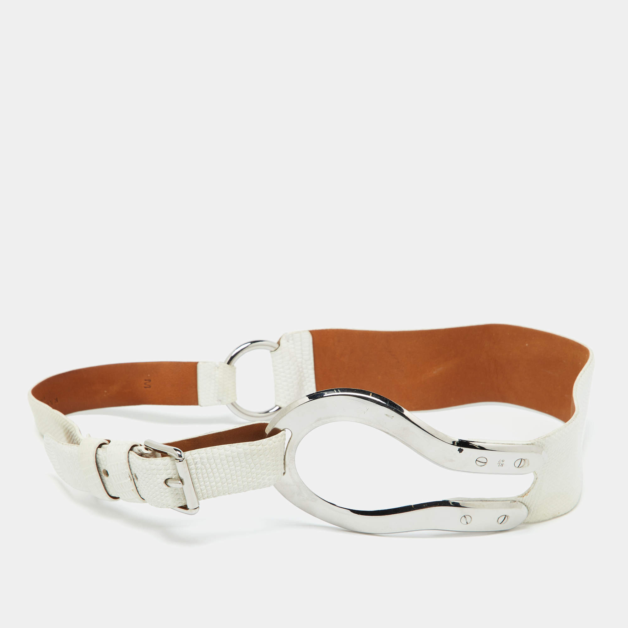 Pre Owned Ralph Lauren Off White Lizard Waist Buckle Belt 90CM