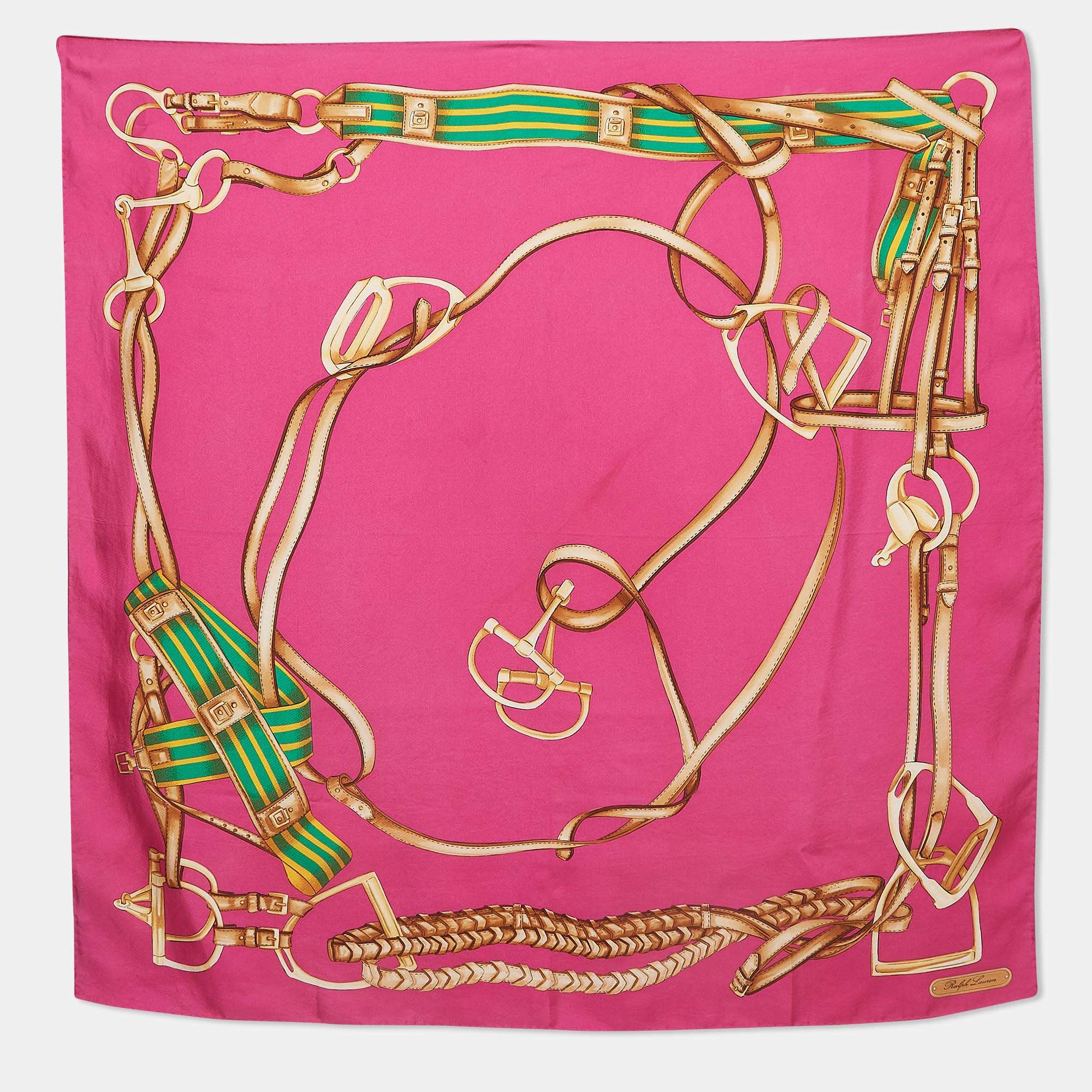 Pre Owned Ralph Lauren Pink  Horse Harness Print Silk Scarf