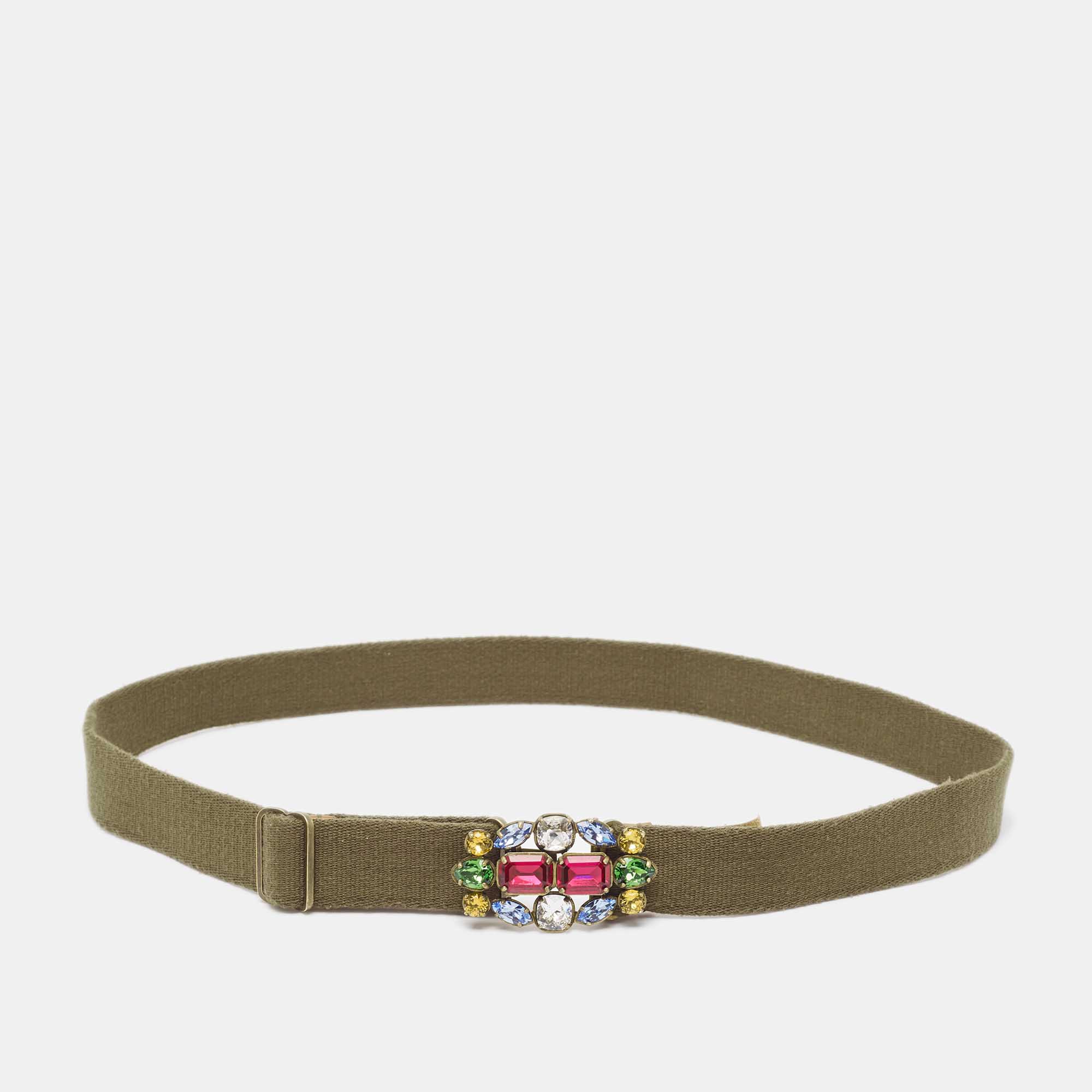 Pre Owned Ralph Lauren Olive Green Canvas Crystals Buckle Adjustable Belt L