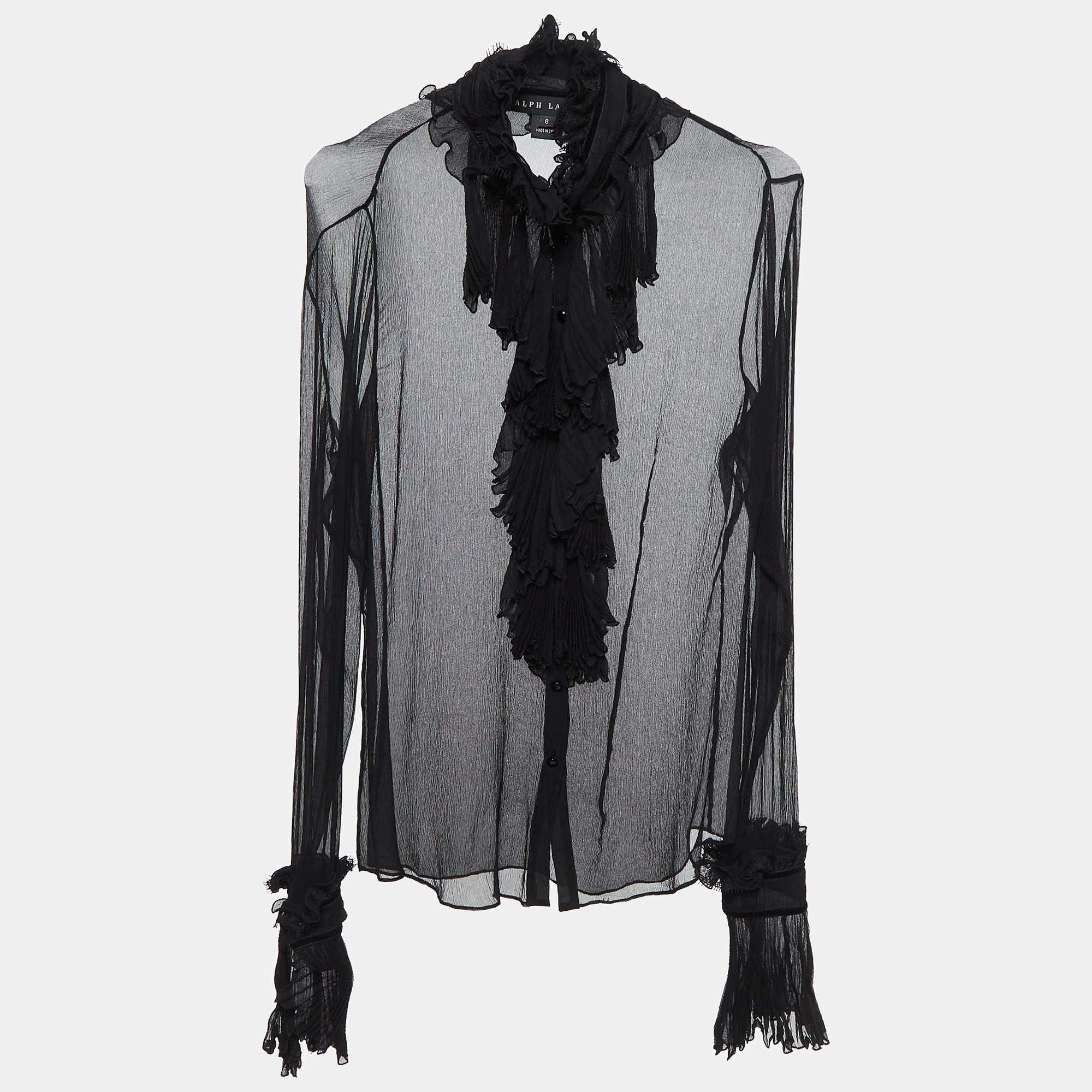 Pre Owned Ralph Lauren Black Silk Crepe Ruffled Shirt Top M