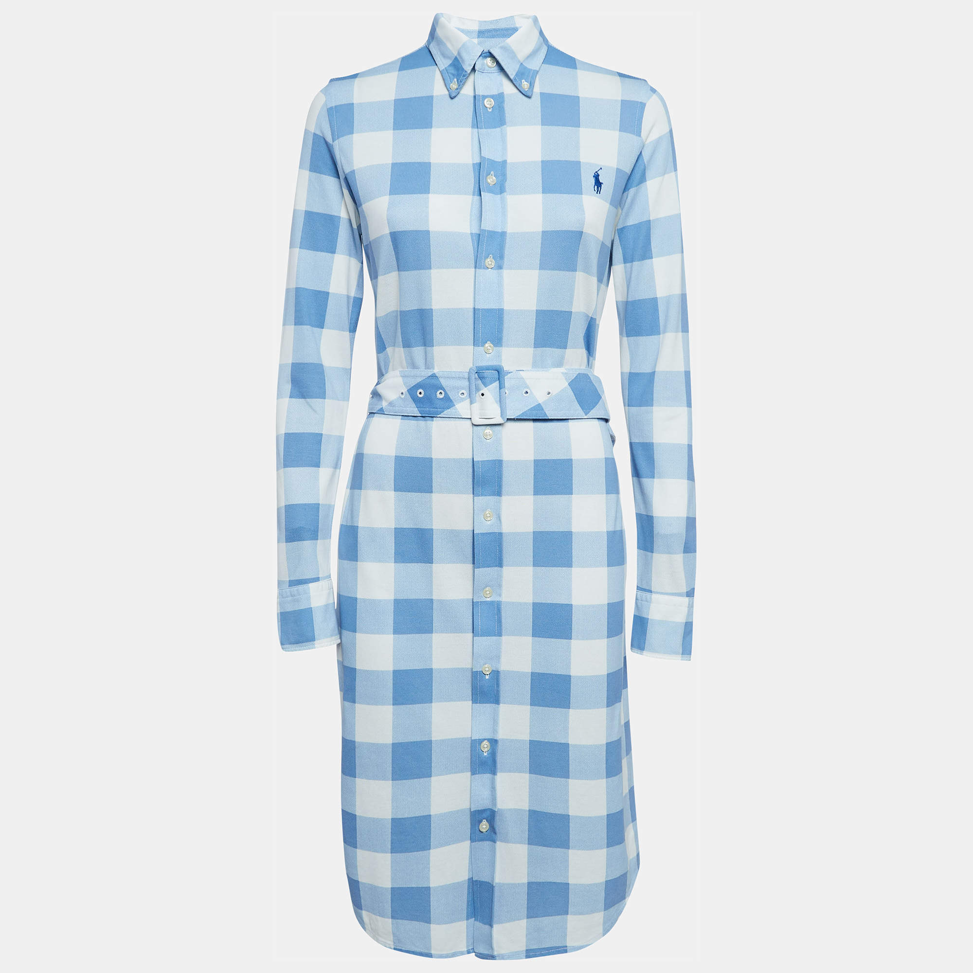 Pre Owned Ralph Lauren Blue/White Plaid Knit Oxford Cotton Belted Dress L