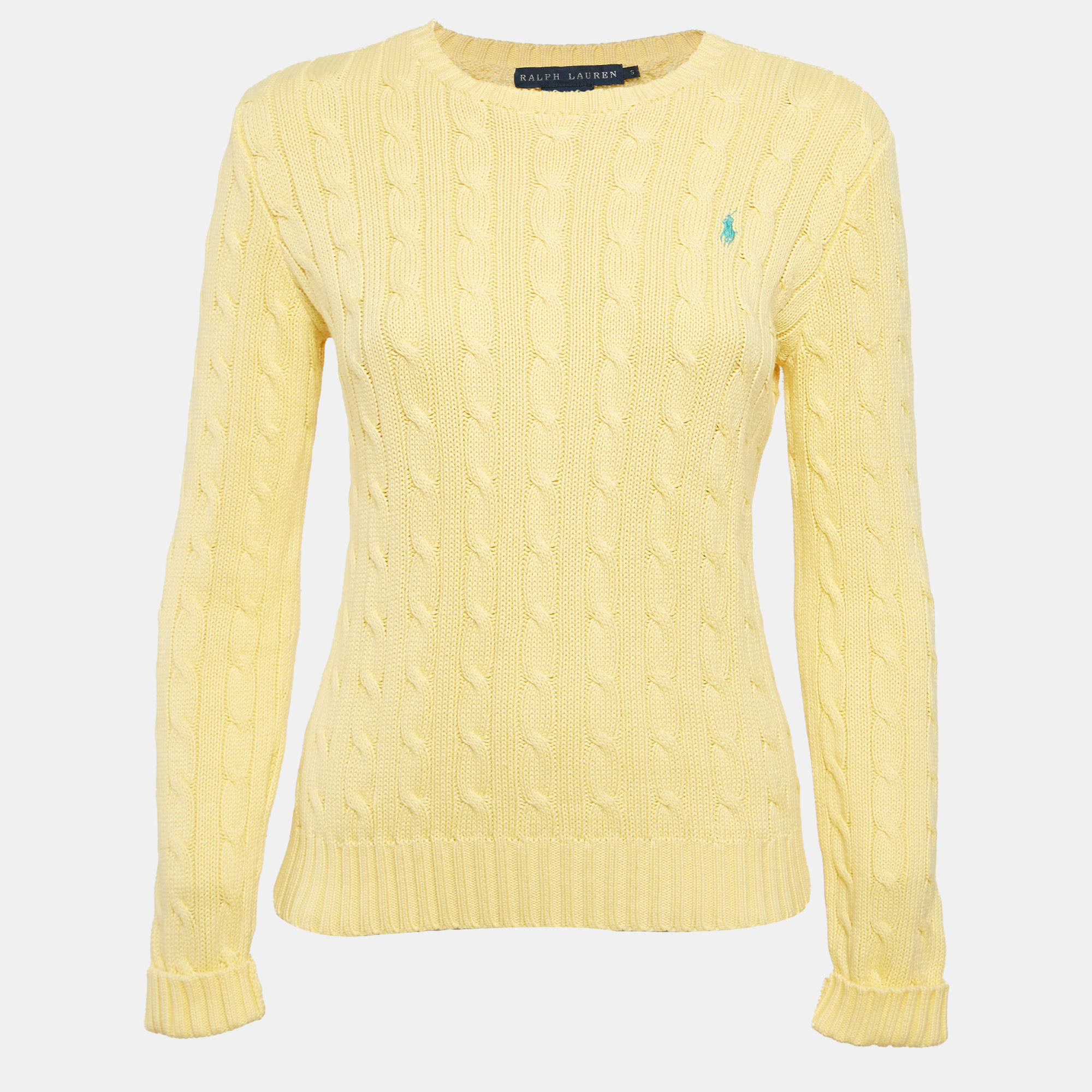 Pre Owned Ralph Lauren Yellow Cable Knit Round Neck Sweater S