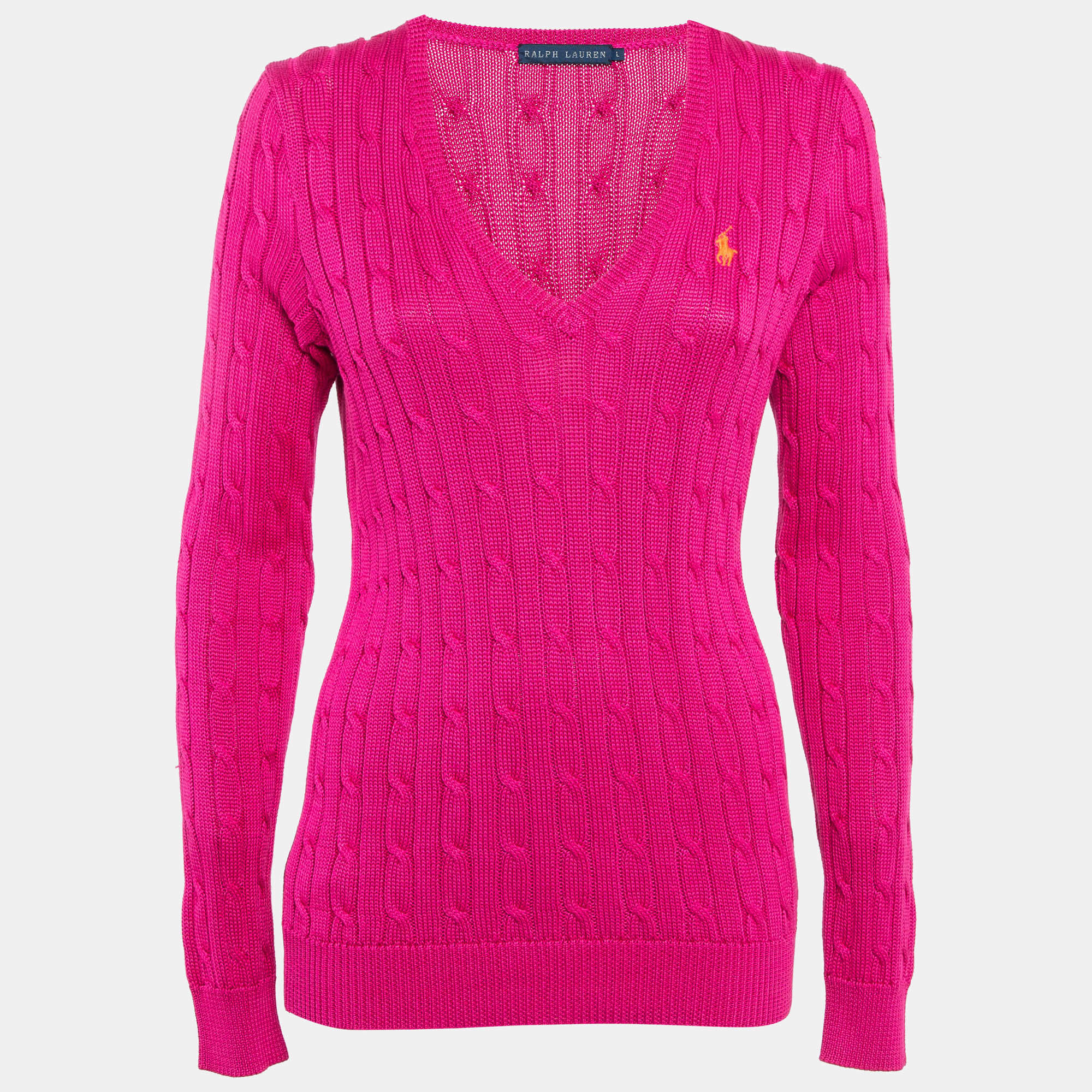 Pre Owned Ralph Lauren Pink Cable Knit V-Neck Long Sleeve Sweater L