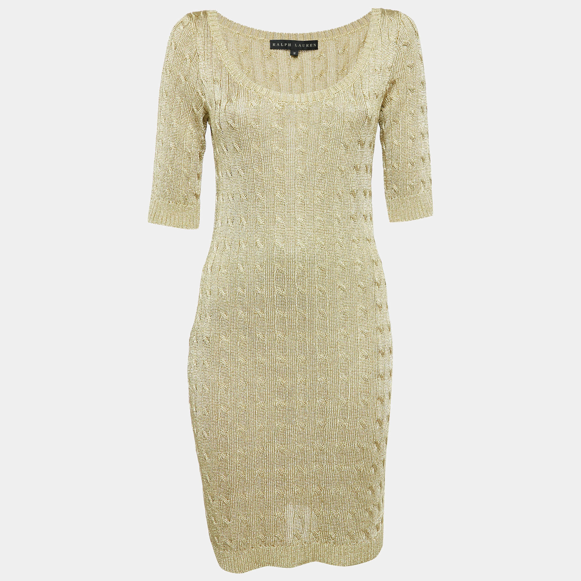 Pre Owned Ralph Lauren Gold Cable Lurex Knit Mini Dress M