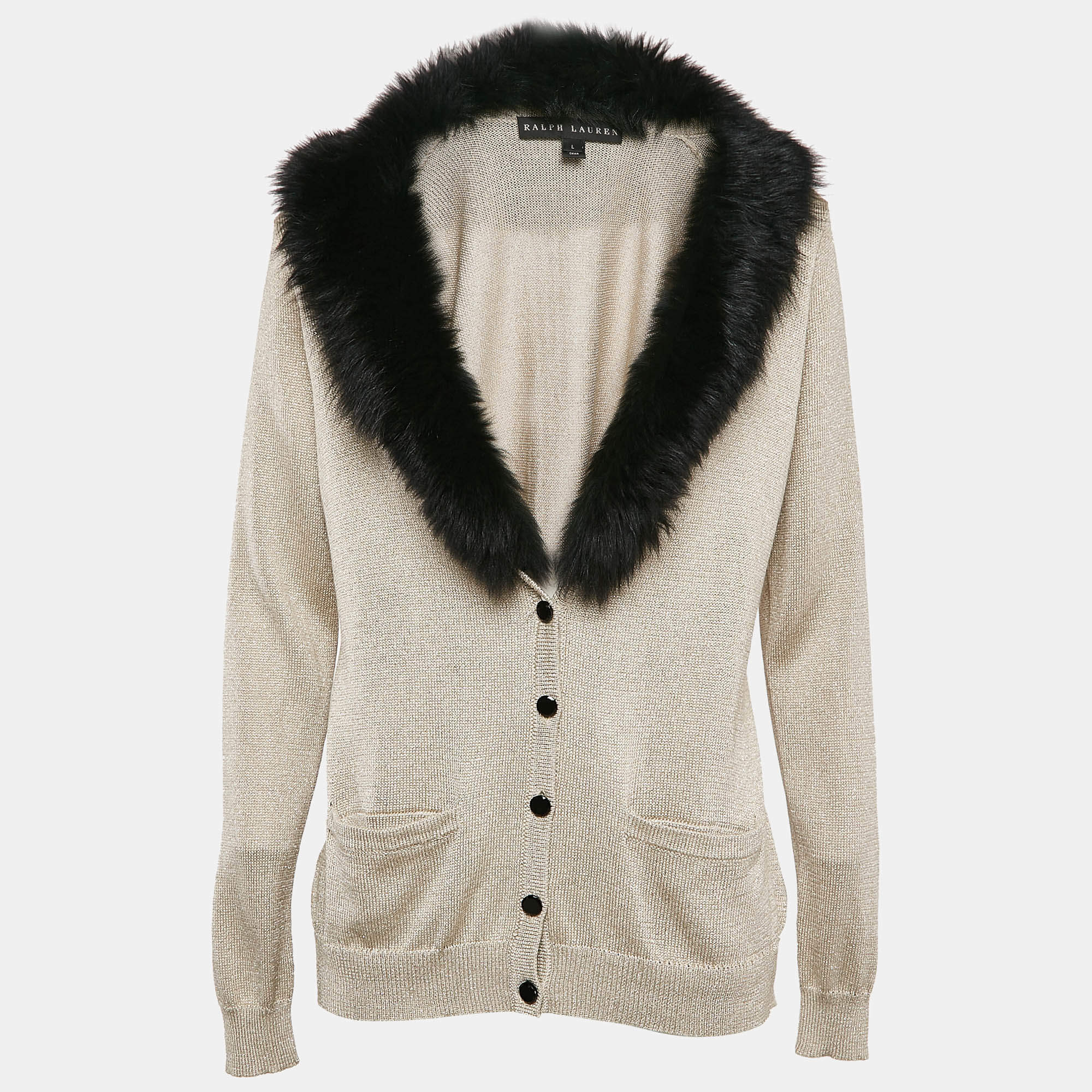 Ralph Lauren Beige Shearling Trim Collar Lurex Knit Button Up Cardigan L
