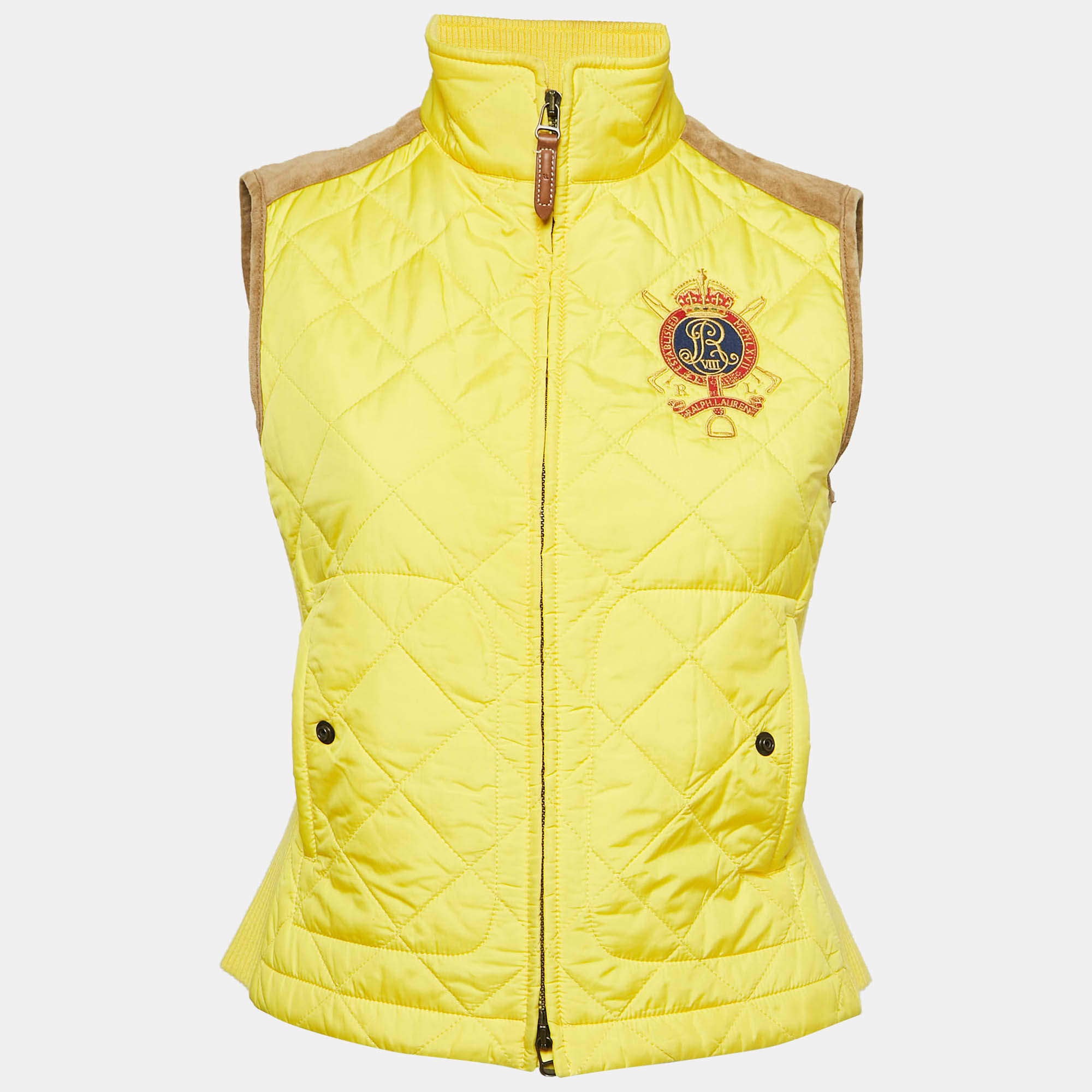 Pre Owned Ralph Lauren Yellow Suede Trim Synthetic Quilted Vest S
