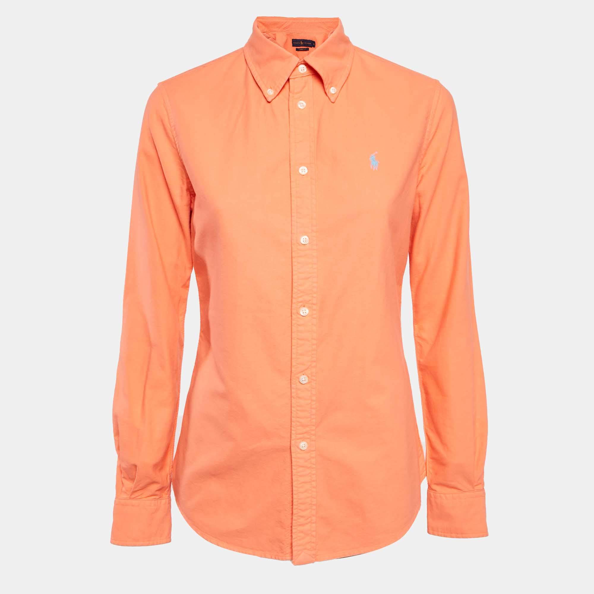 Pre Owned Ralph Lauren Orange Logo Embroidered Cotton Custom Fit Shirt S