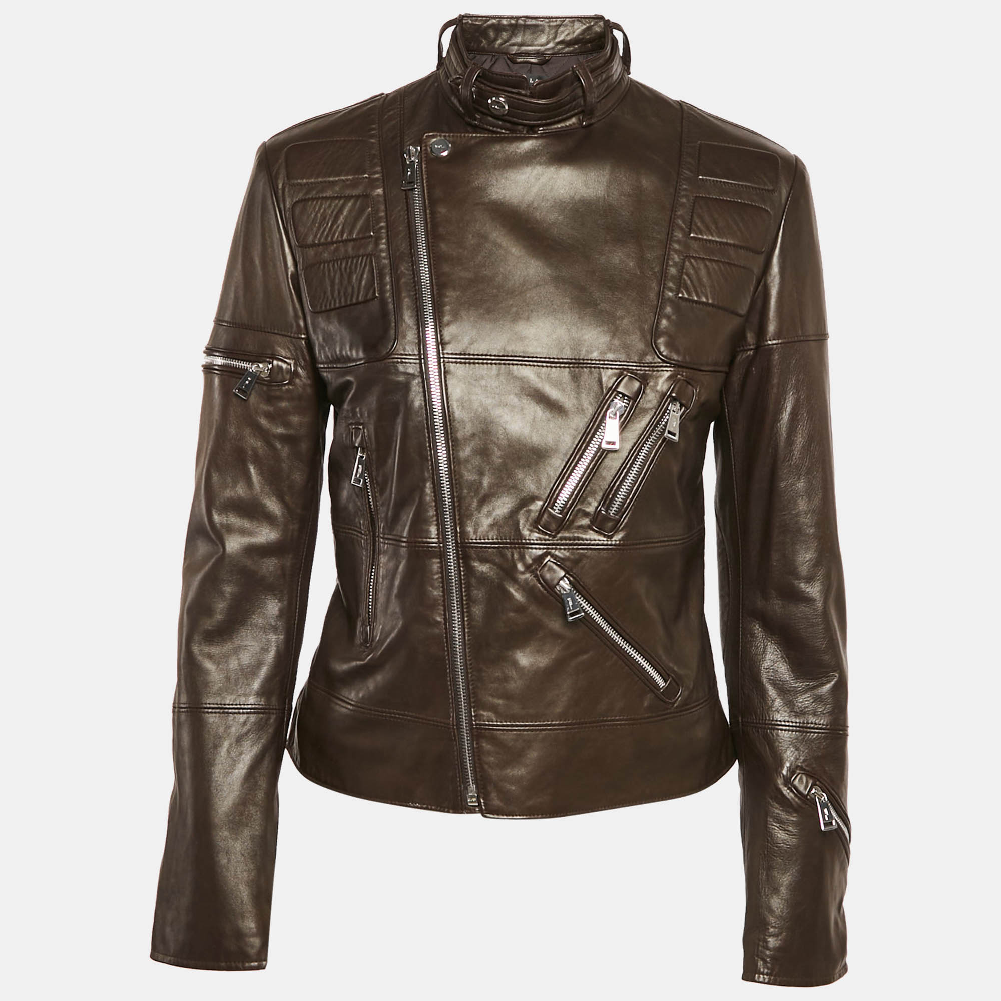 Pre Owned Ralph Lauren Leather Brown Leather Zip Detail Riders Jacket M