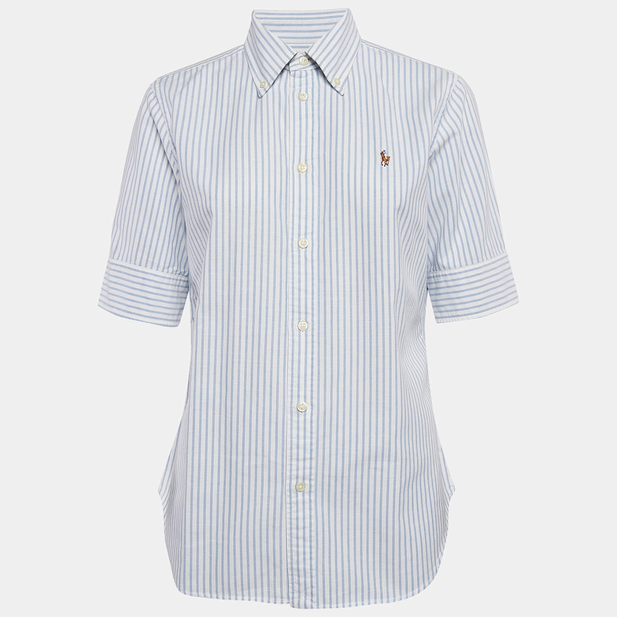 Pre Owned Ralph Lauren White/Blue Stripe Cotton Half Sleeve Shirt M