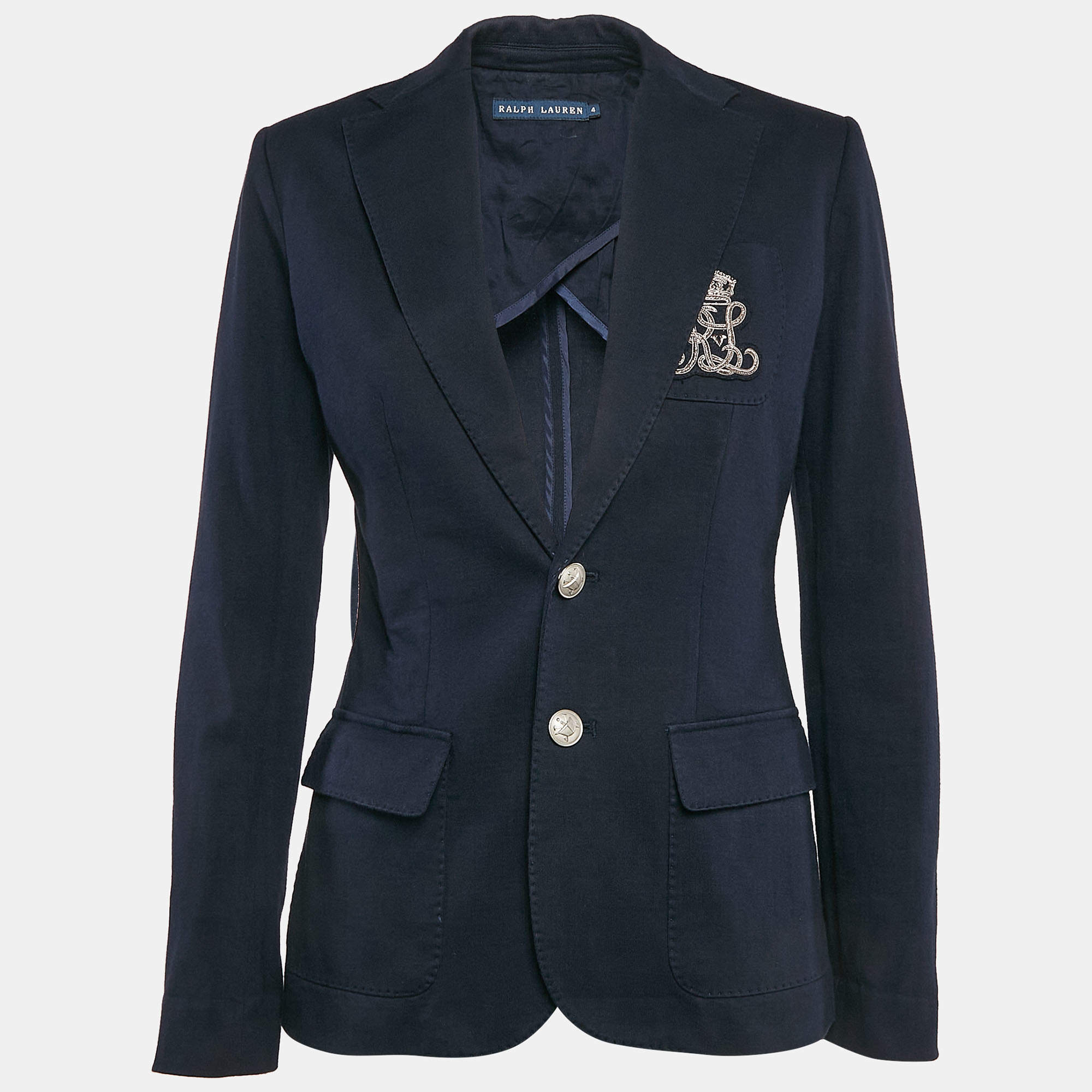 Pre Owned Ralph Lauren Navy Blue Logo Applique Cotton Single Breasted Blazer S
