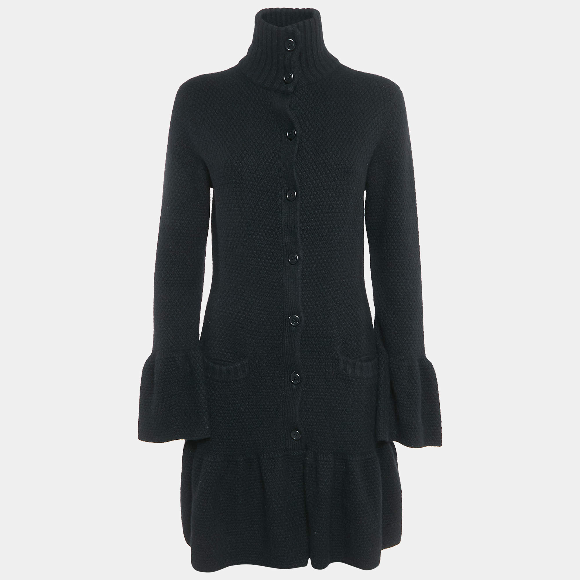 Pre Owned Ralph Lauren Black Cashmere Knit Ruffled Mid-Length Coat L