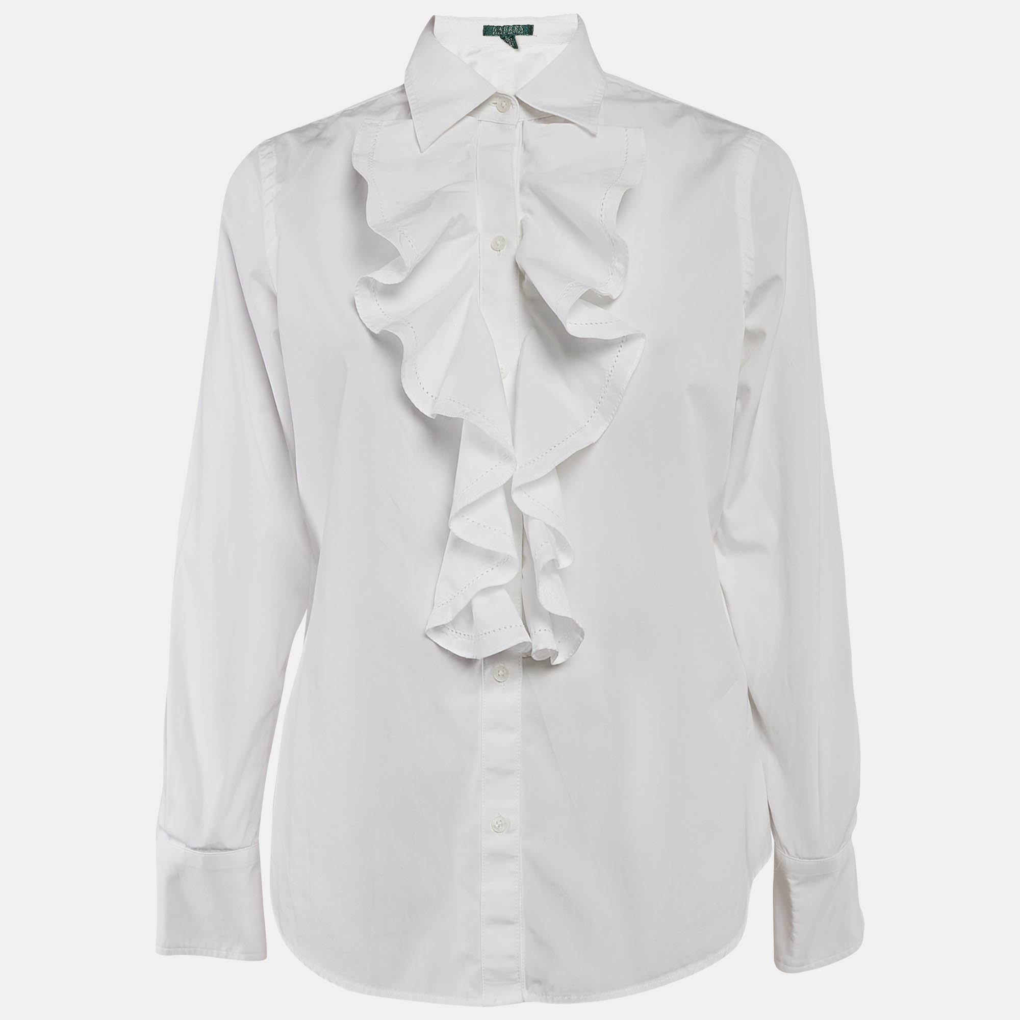 Pre Owned Ralph Lauren White Ruffled Cotton Long Sleeve Shirt M