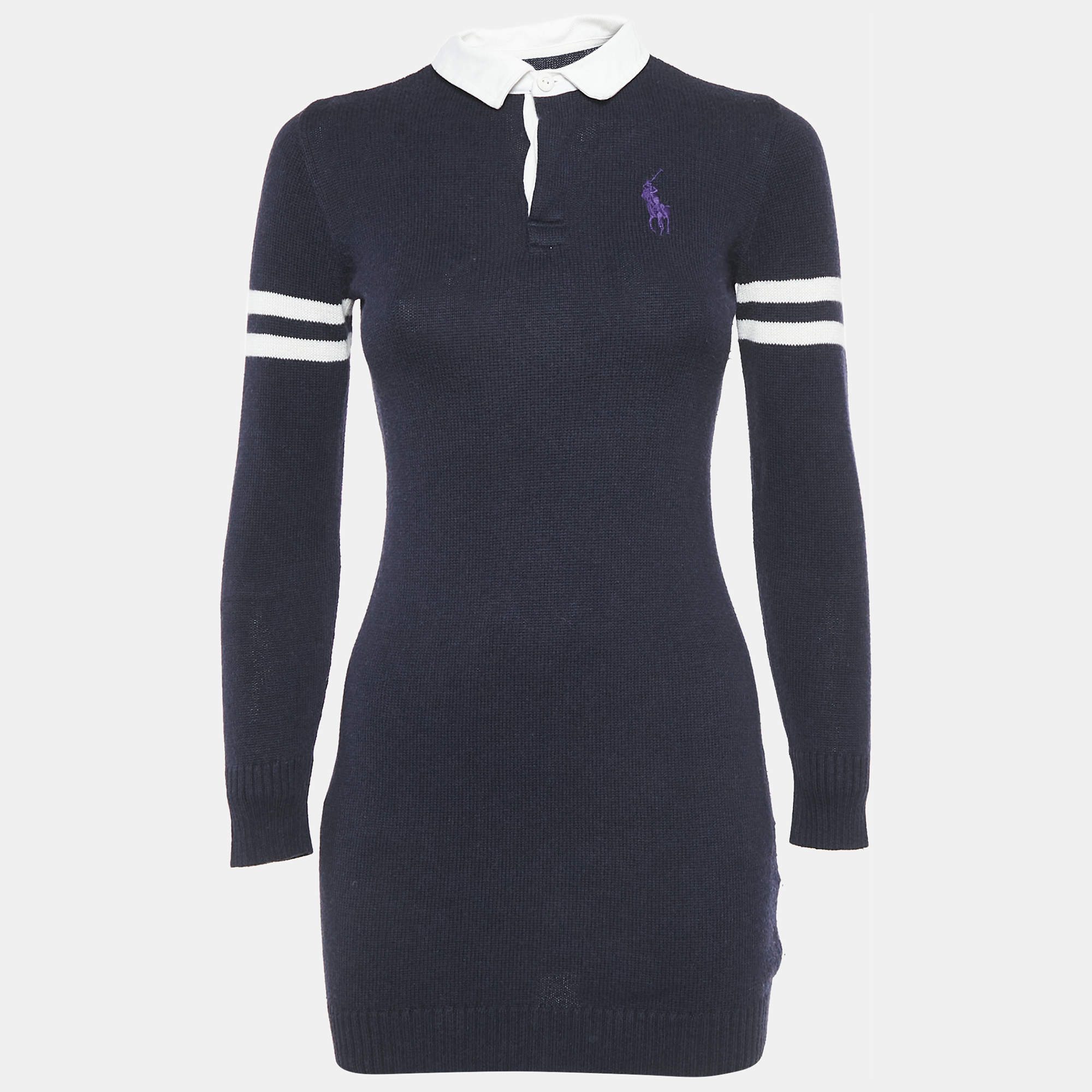 Pre Owned Ralph Lauren Navy Blue Cotton Knit Polo Sweater Dress L