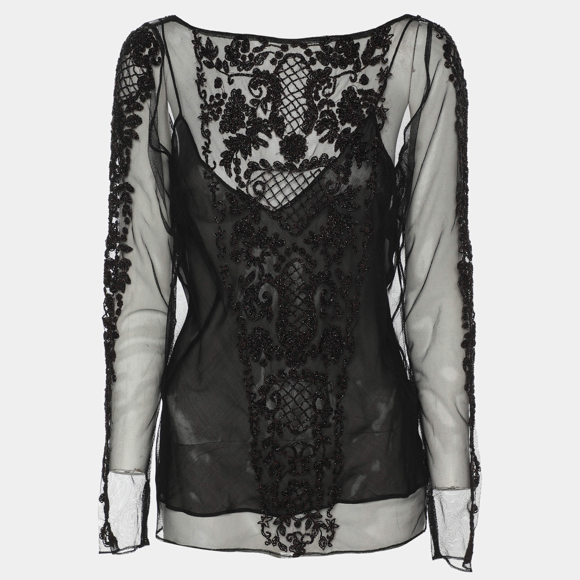 Pre Owned Ralph Lauren Black Mesh Embellished Top M