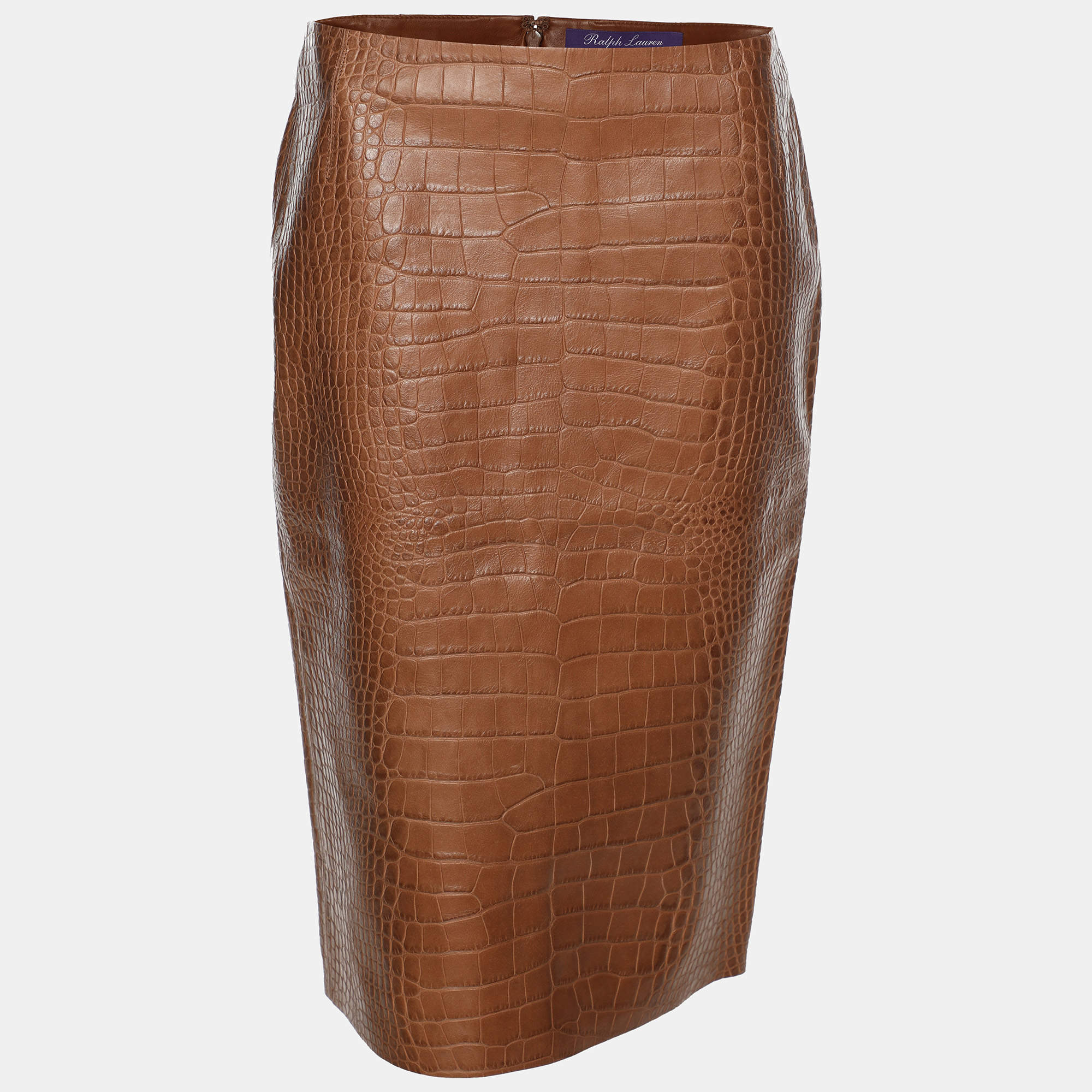 Pre Owned Ralph Lauren Brown Croc Embossed Leather Skirt S