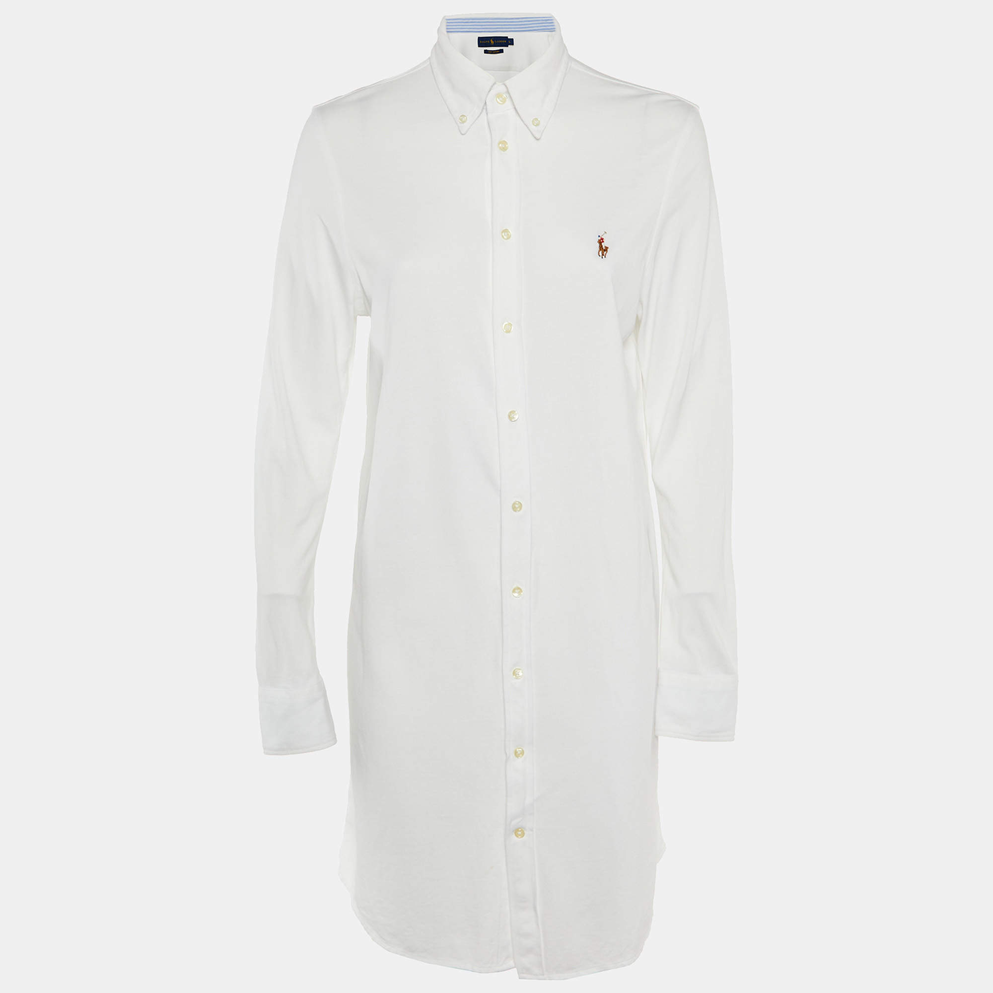 Pre Owned Ralph Lauren White Cotton Knit Oxford Button Down Shirt L