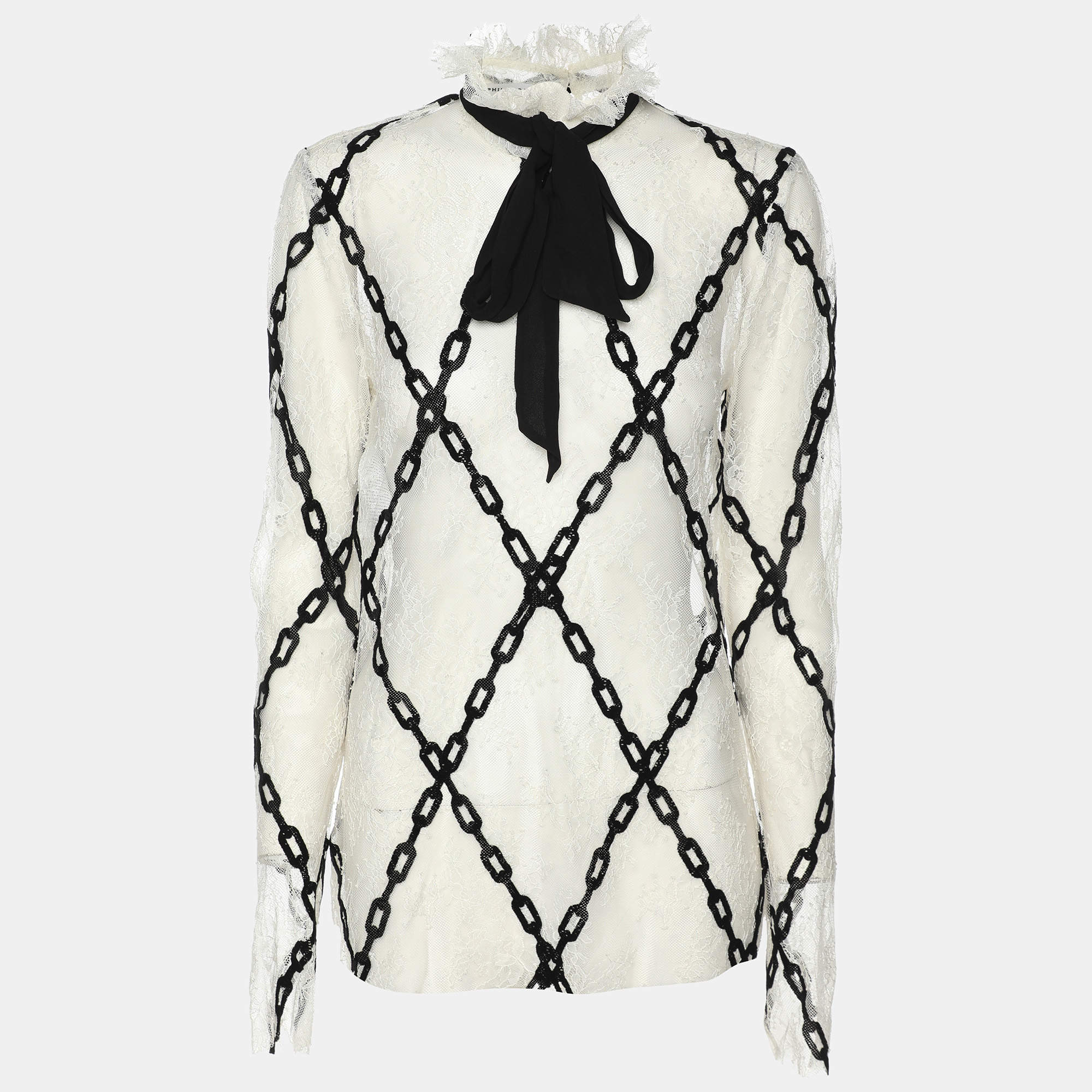 Pre Owned Philosophy Di Lorenzo Serafini White/Black Lace Chain Link Embroidered Tops S