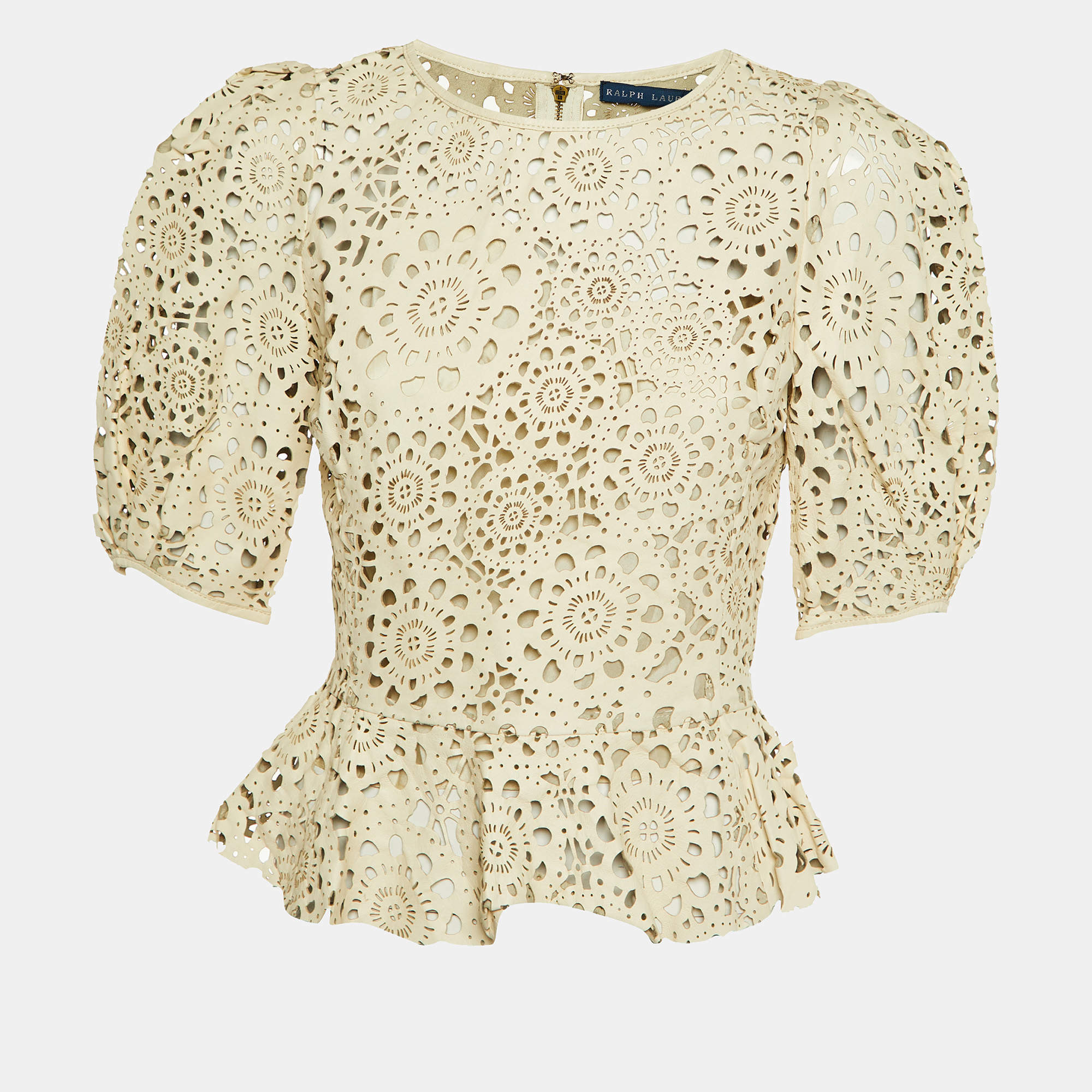Pre Owned Ralph Lauren Cream Floral Cut Out Leather Peplum Top L
