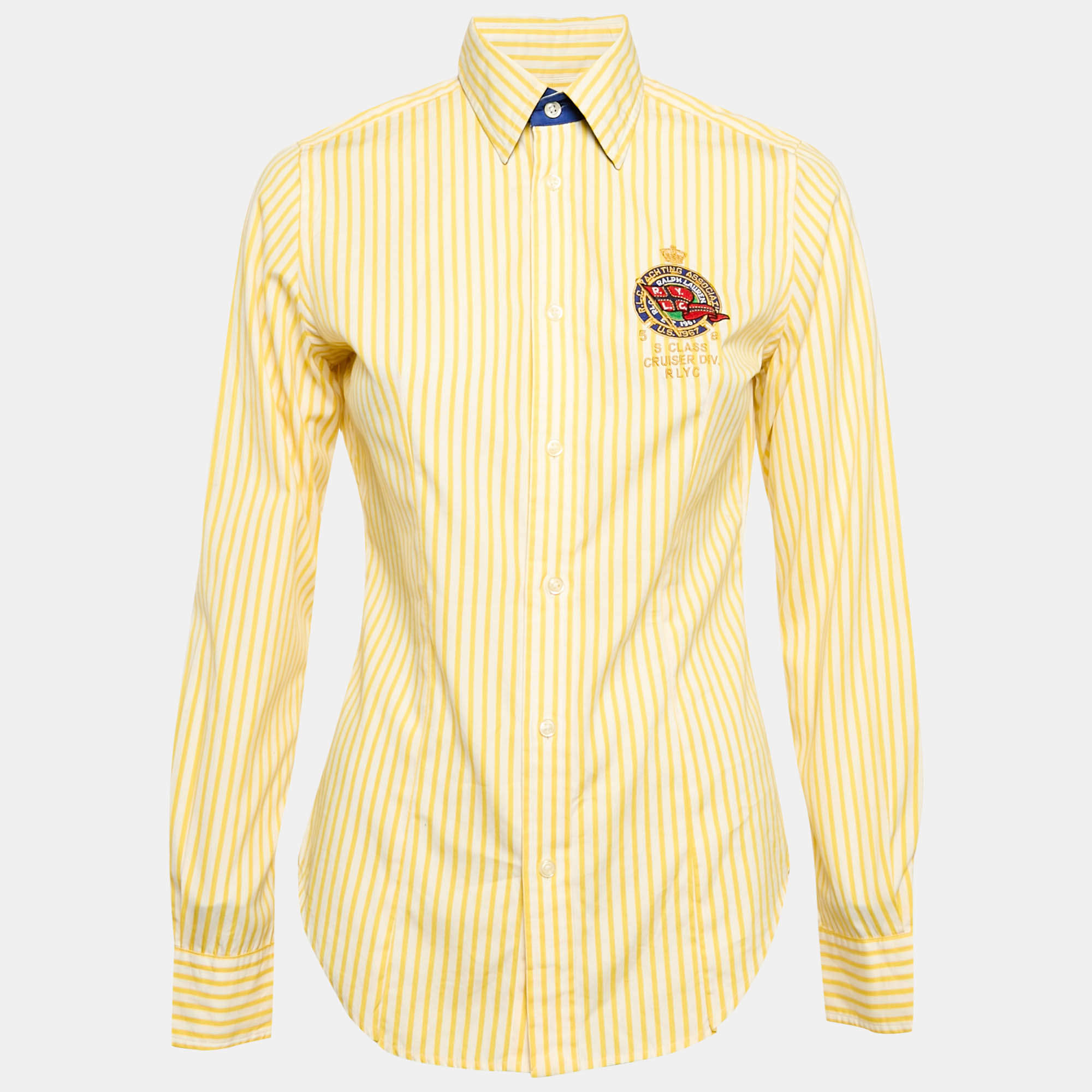 Pre Owned Ralph Lauren Yellow Striped Cotton Badge Applique Shirt M