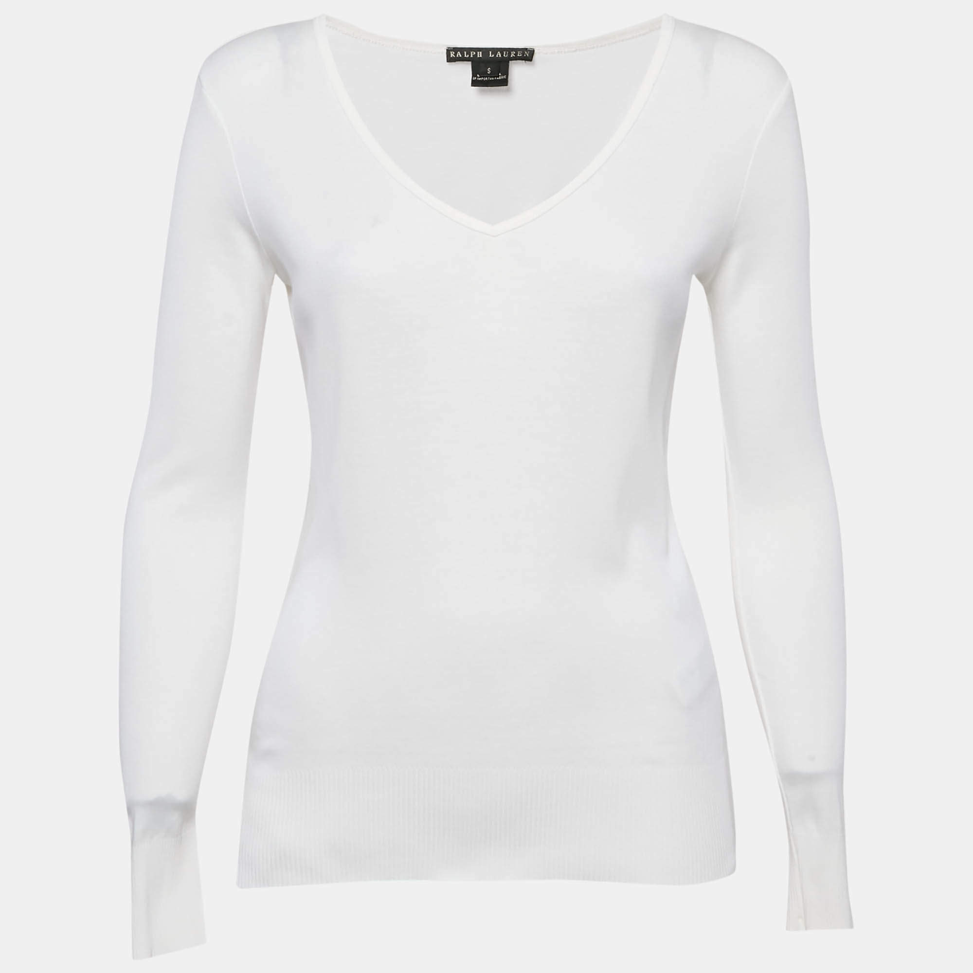 Ralph Lauren White Cotton Knit V-Neck Sweatshirt S