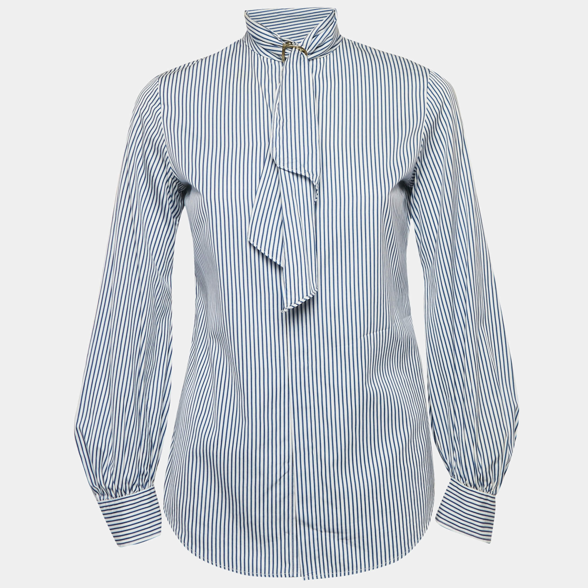 Ralph Lauren Blue Stripe Cotton Neck Detail Button Front Blouse S