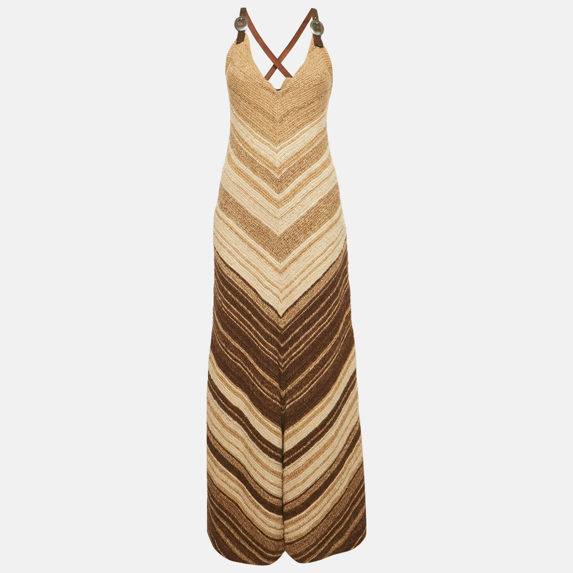 مملوكة مسبقًا Ralph Lauren Brown Leather Trim Hand Knitted Maxi Dress S