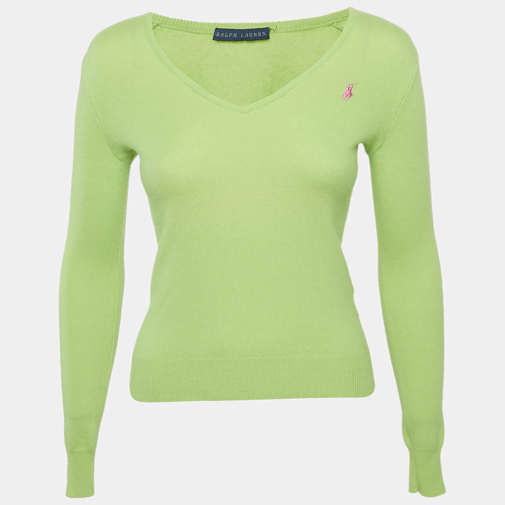 Pre Owned Ralph Lauren Light Green Cashmere V-Neck Long Sleeve Sweater S