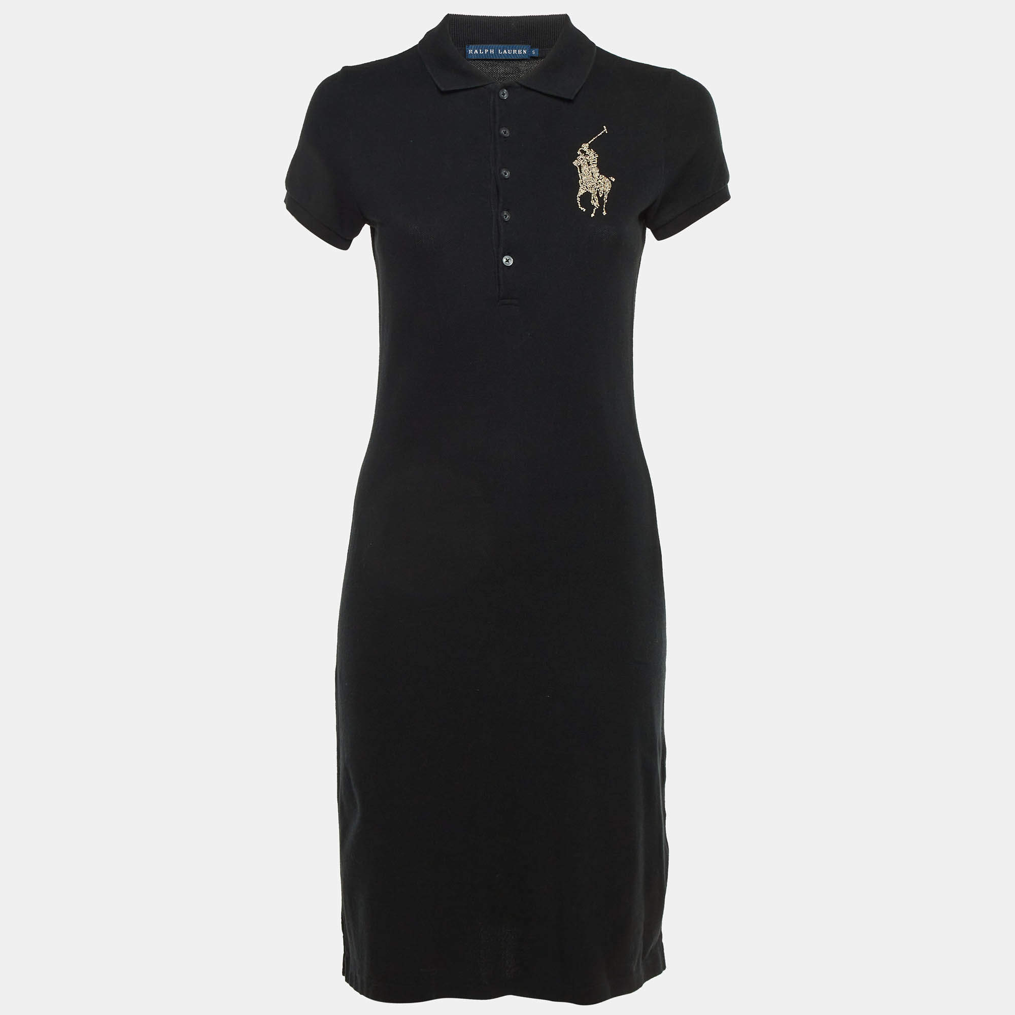 Pre Owned Ralph Lauren Black Cotton Embellished Logo Polo Dress S