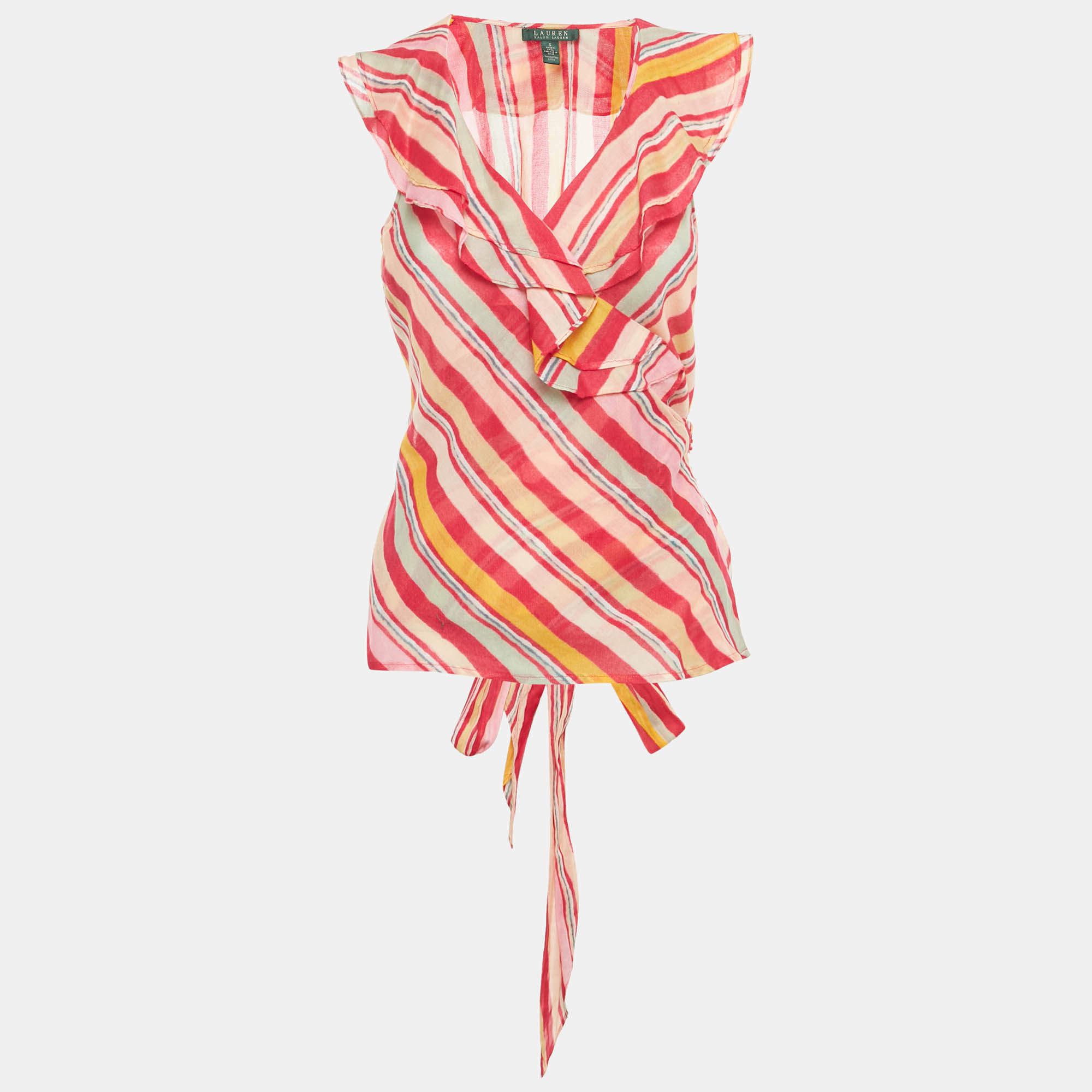 Pre Owned Lauren Ralph Lauren Pink/Multicolor Stripe Print Cotton Wrap Top S