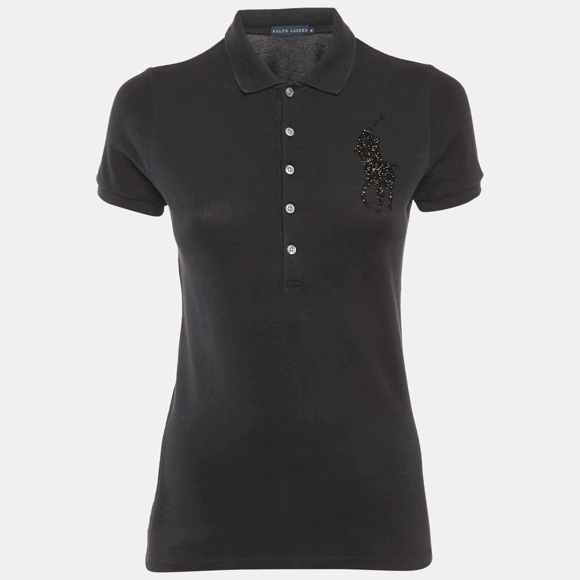 Pre Owned Ralph Lauren Black Beaded Logo Pique Polo T-Shirt M