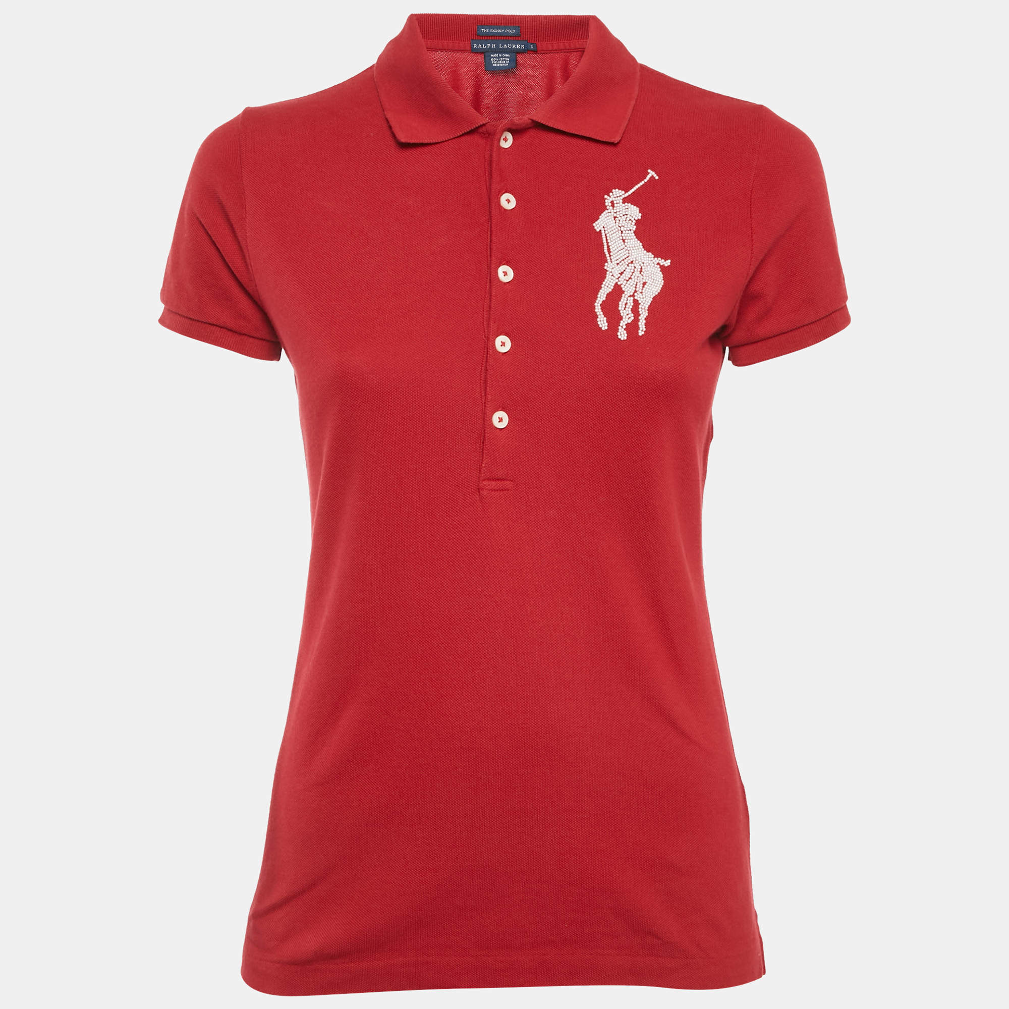Pre Owned Ralph Lauren Red Logo Embroidered Skinny Fit Polo T-Shirt S
