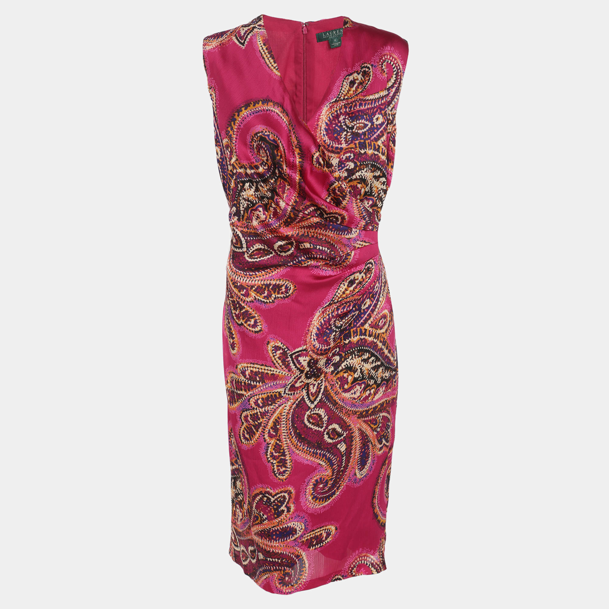 Pre Owned Ralph Lauren Pink Multicolor Paisley Print Midi Dress L